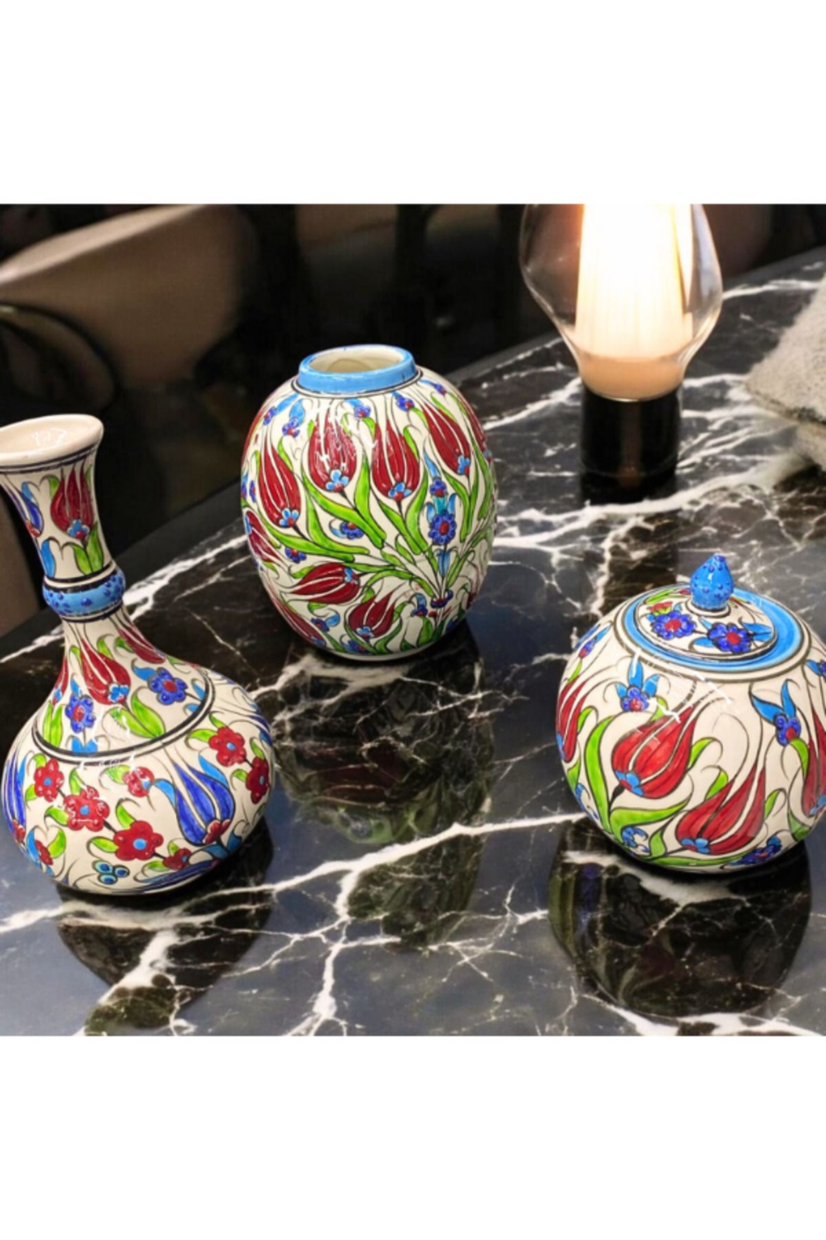 Loremp Hediyelik Dekoratif El Yapımı Osmanlı Çini Desenli Vazo, Küp Ve Kapaklı Küp Seti 3 Lü
