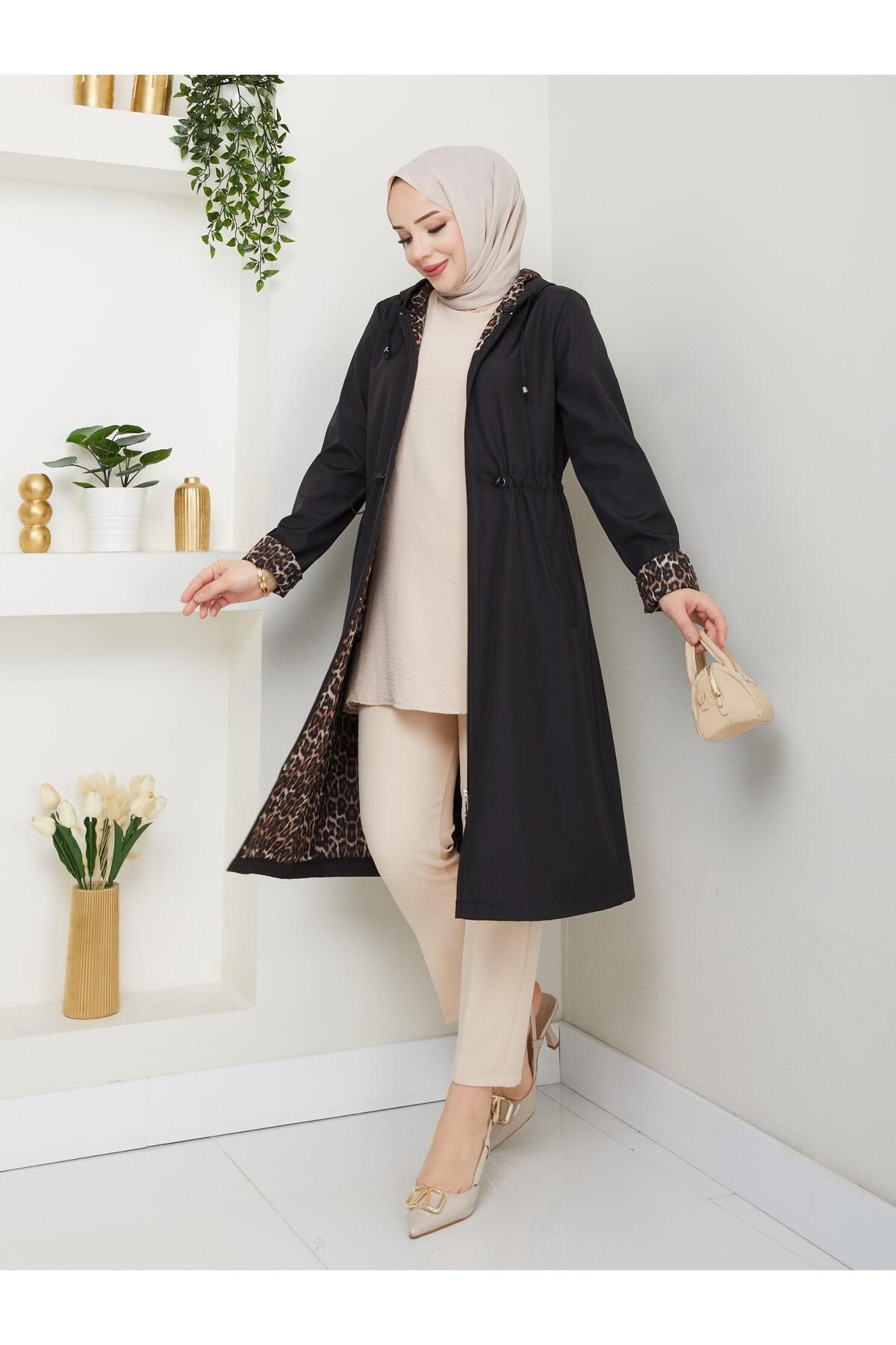 Dabenti women style Kadın Büyük Beden Leopar Detaylı Trençkot