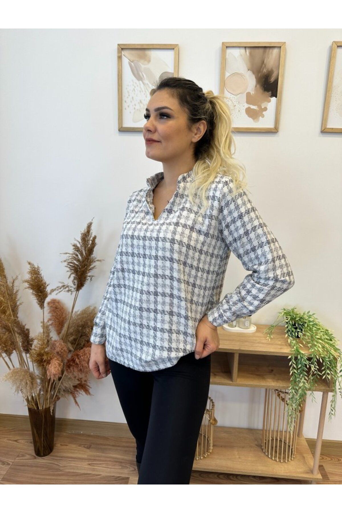 ARUZ MODA Kadın Uzun Kollu V Hakim Yaka çok Renkli Dokuma Bluz