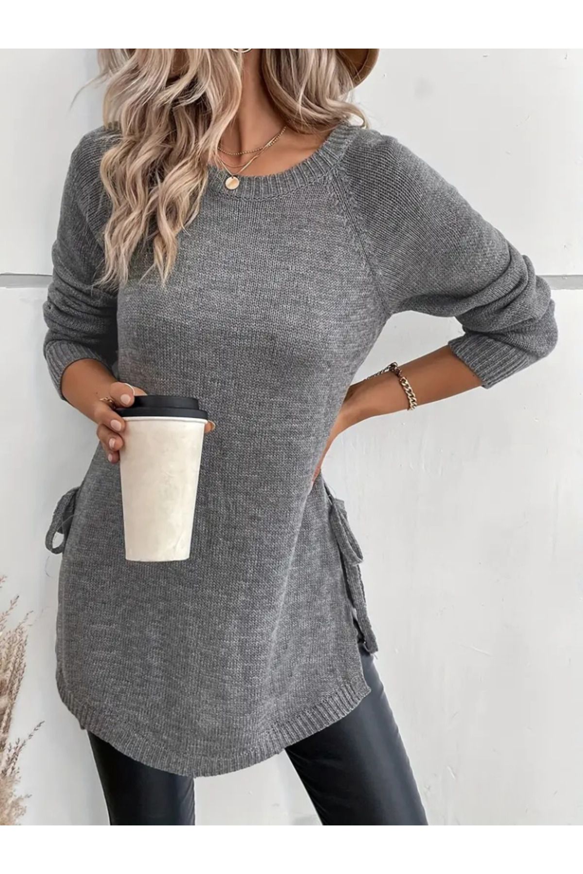 ARUZ MODA Kadın Uzun Kollu Yuvarlak Yakalı Yanlardan Bağcıklı Triko Bluz