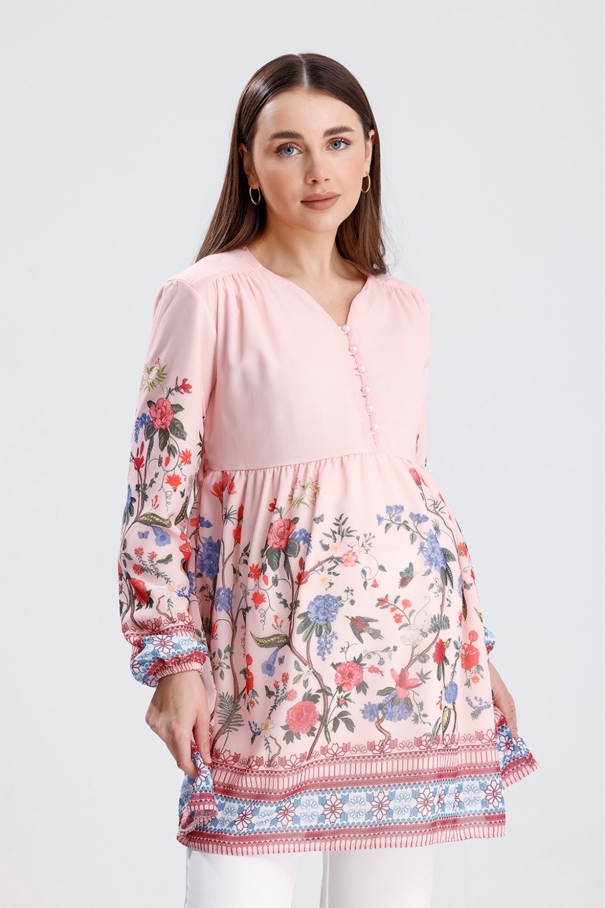 KATLİN MATERNİTY WEAR Hamile Çiçek Desen İçi Astarli Şifon Bluz Yaka Düğme Detaylı (emzirme)