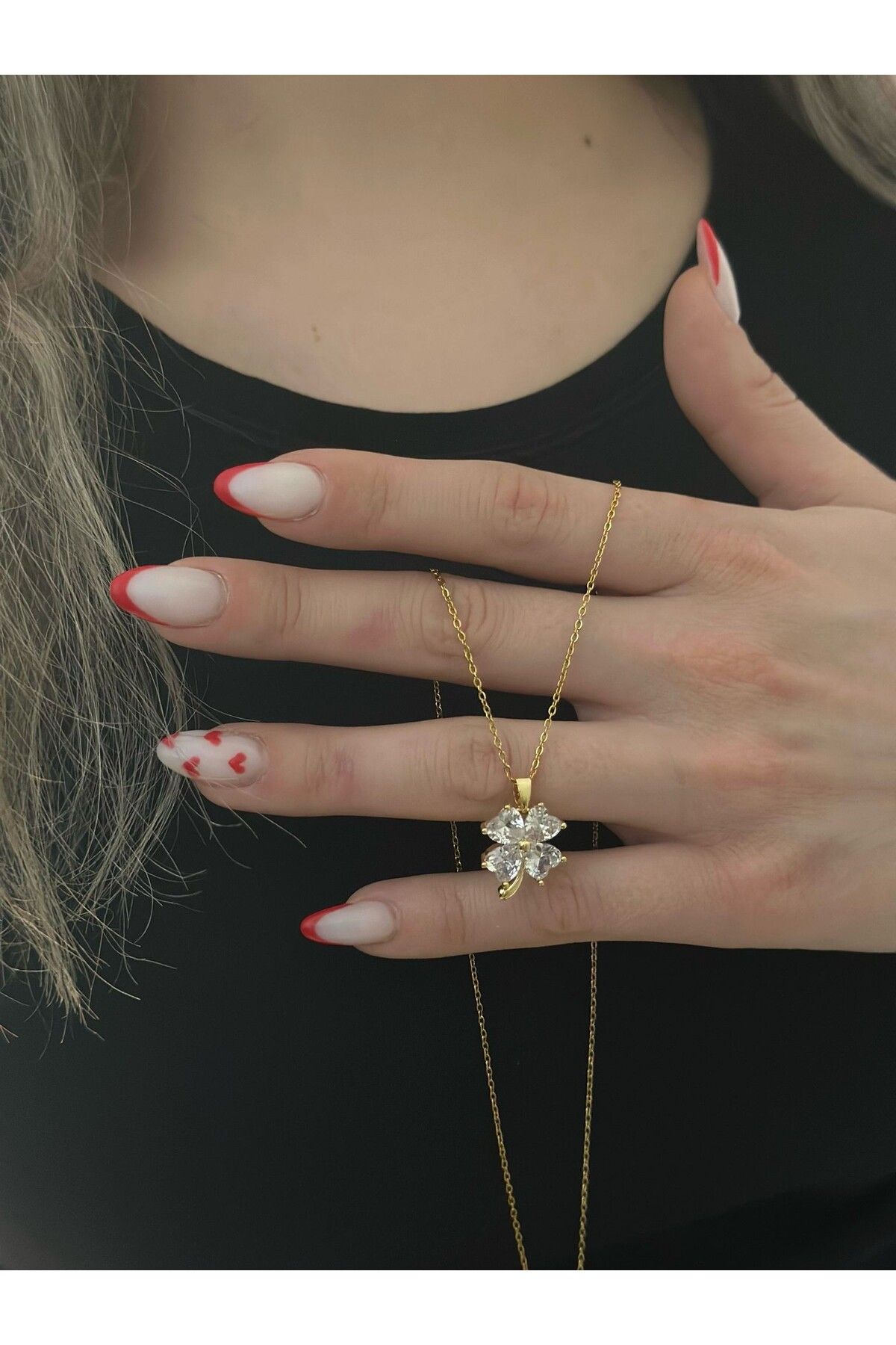 MyladyAccessoriess Baget Taş Detaylı Çelik Yonca Kolye