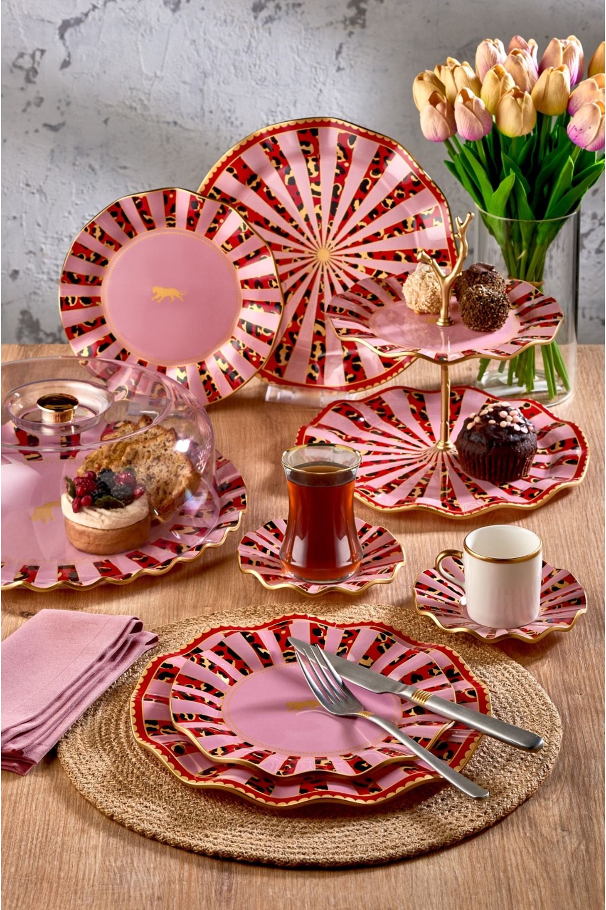 G&G Glass and Glass Mayon Pink Surf 6 Kişilik 34 Parça Çay Vakti İkram Takımı