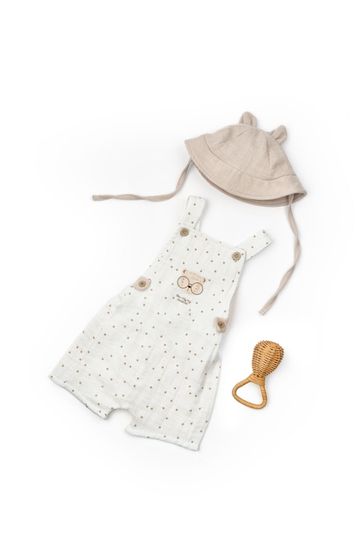 BabyCosy Organic Wear Bebek 2'li Şapkalı Salopet Set,%100 Pamuk,Müslin,Bebek ve Yenidoğan Serisi
