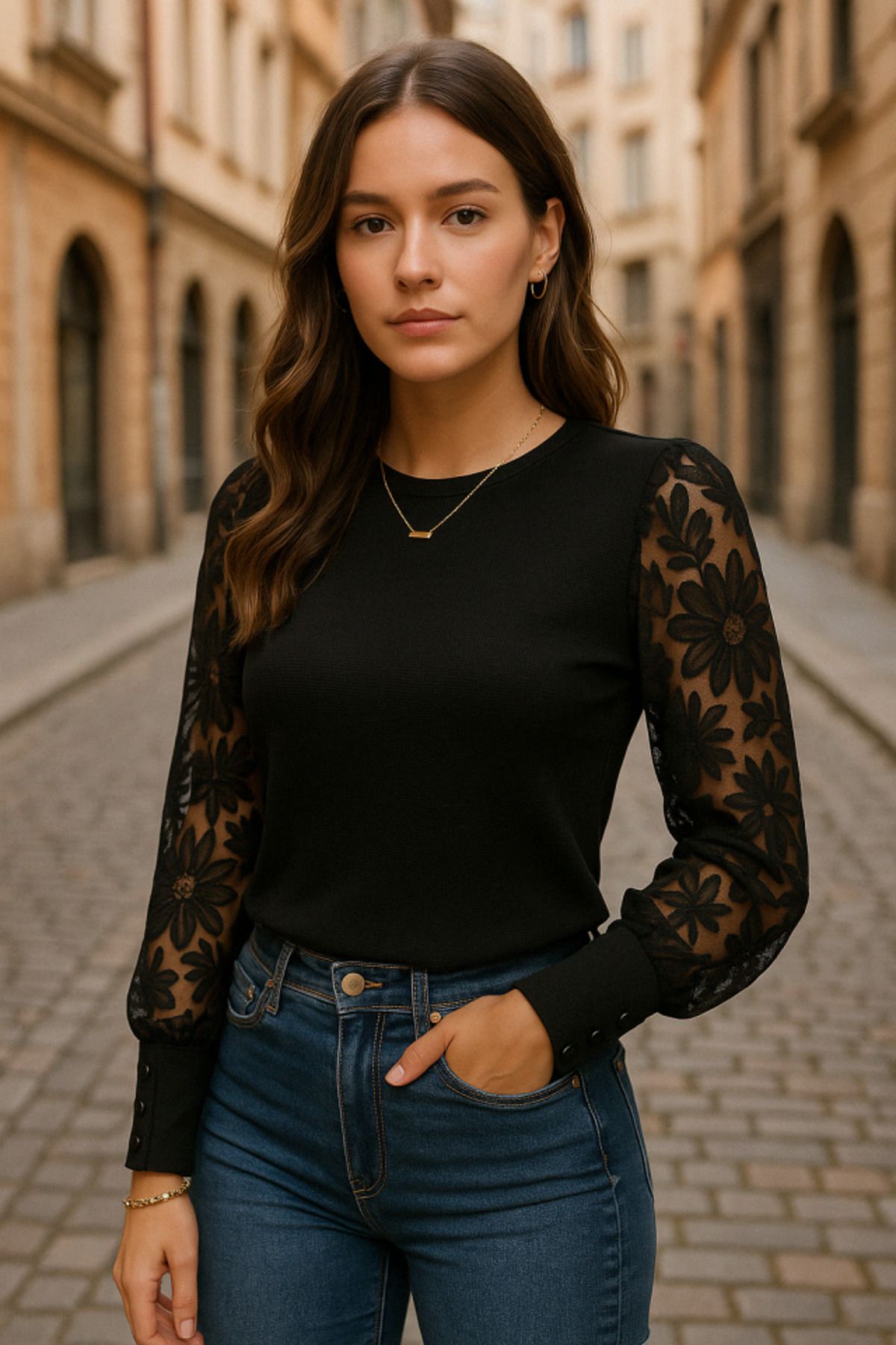 ARUZ MODA Kadın Uzun Kollu Bisiklet Yaka Kolları çiçekli Waffle Bluz