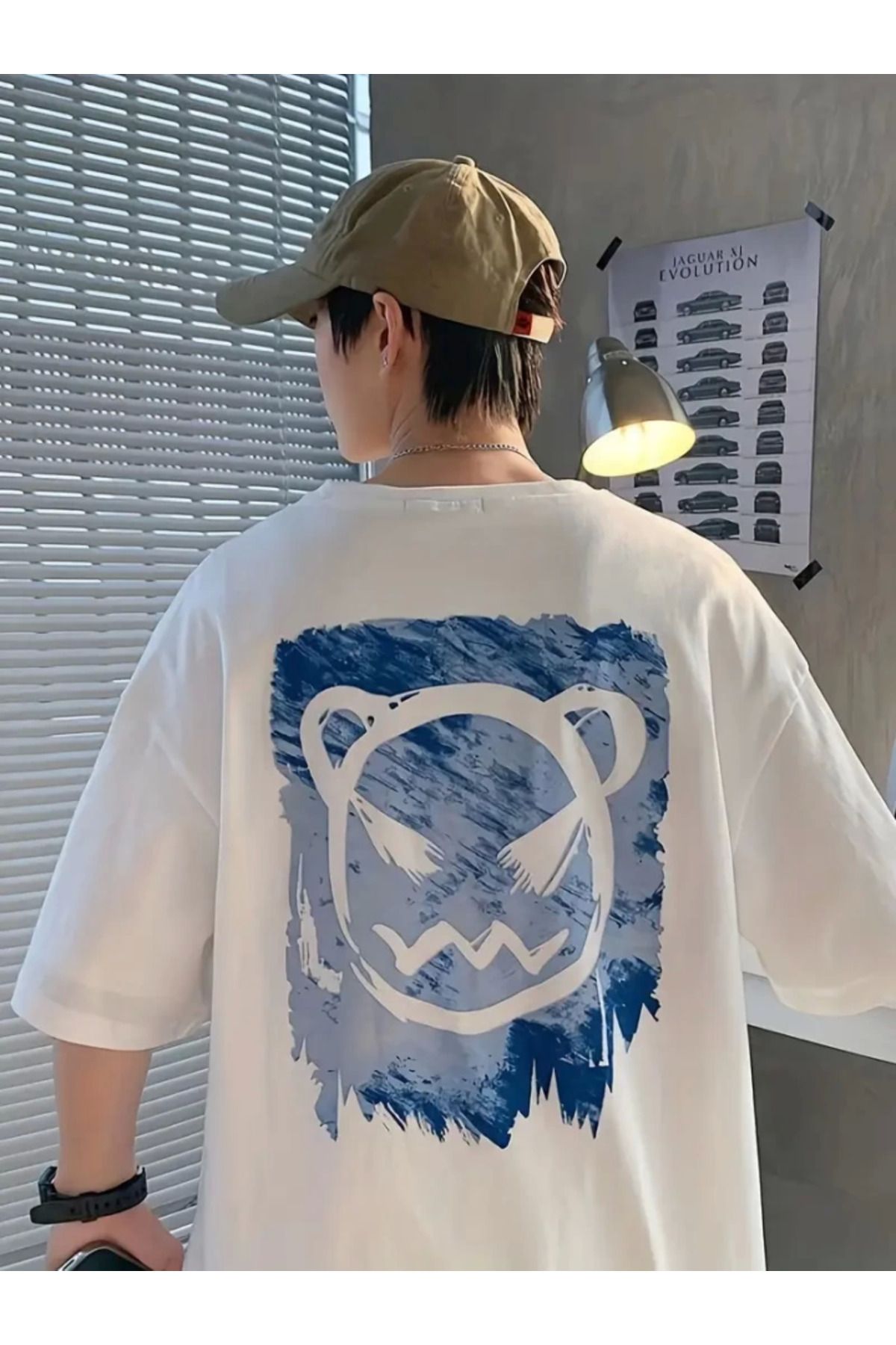 anizmir Baskılı Oversize Bisiklet Yaka T-shirt - Beyaz