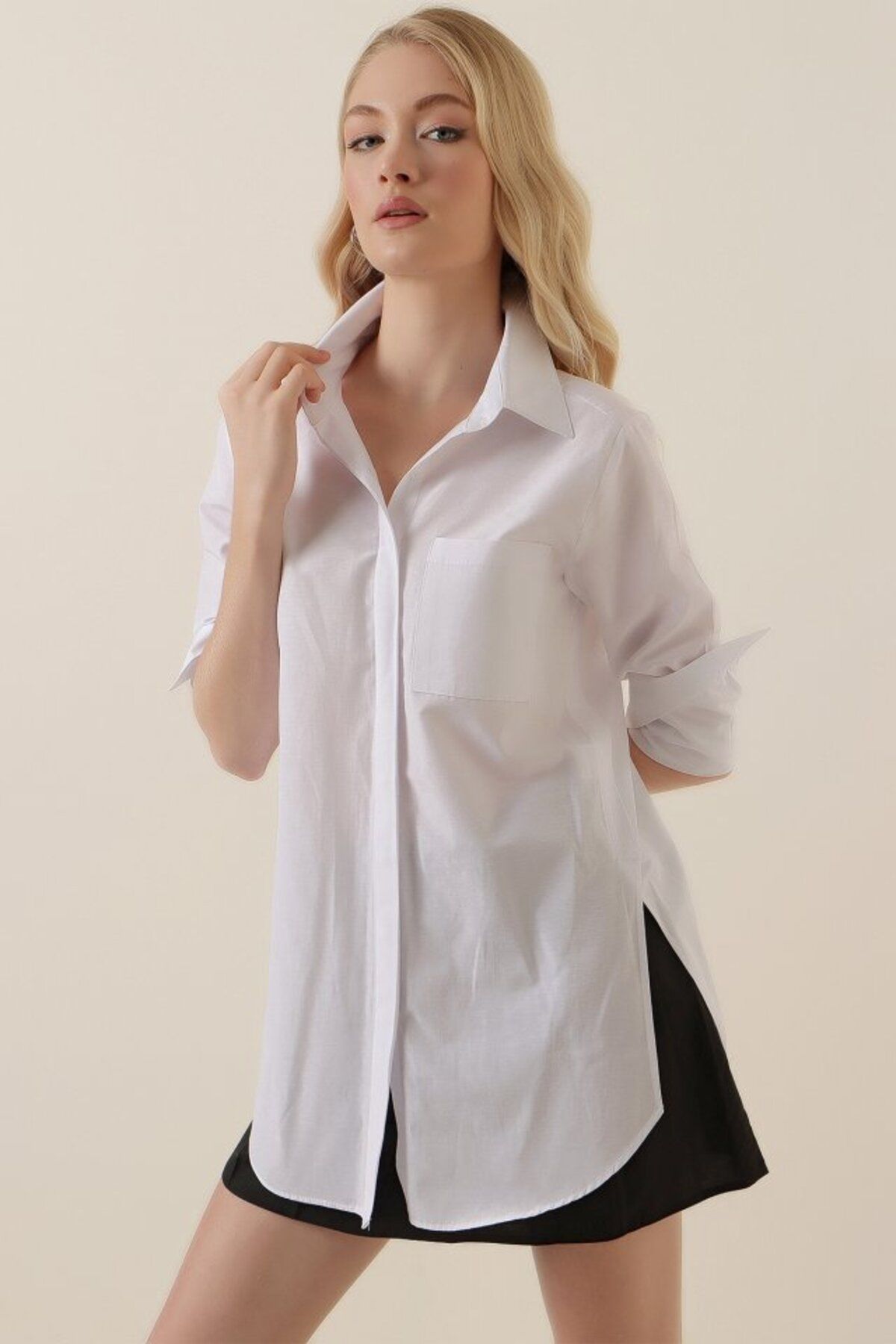 ARUZ MODA 3879 Oversize Cepli Gömlek - Beyaz