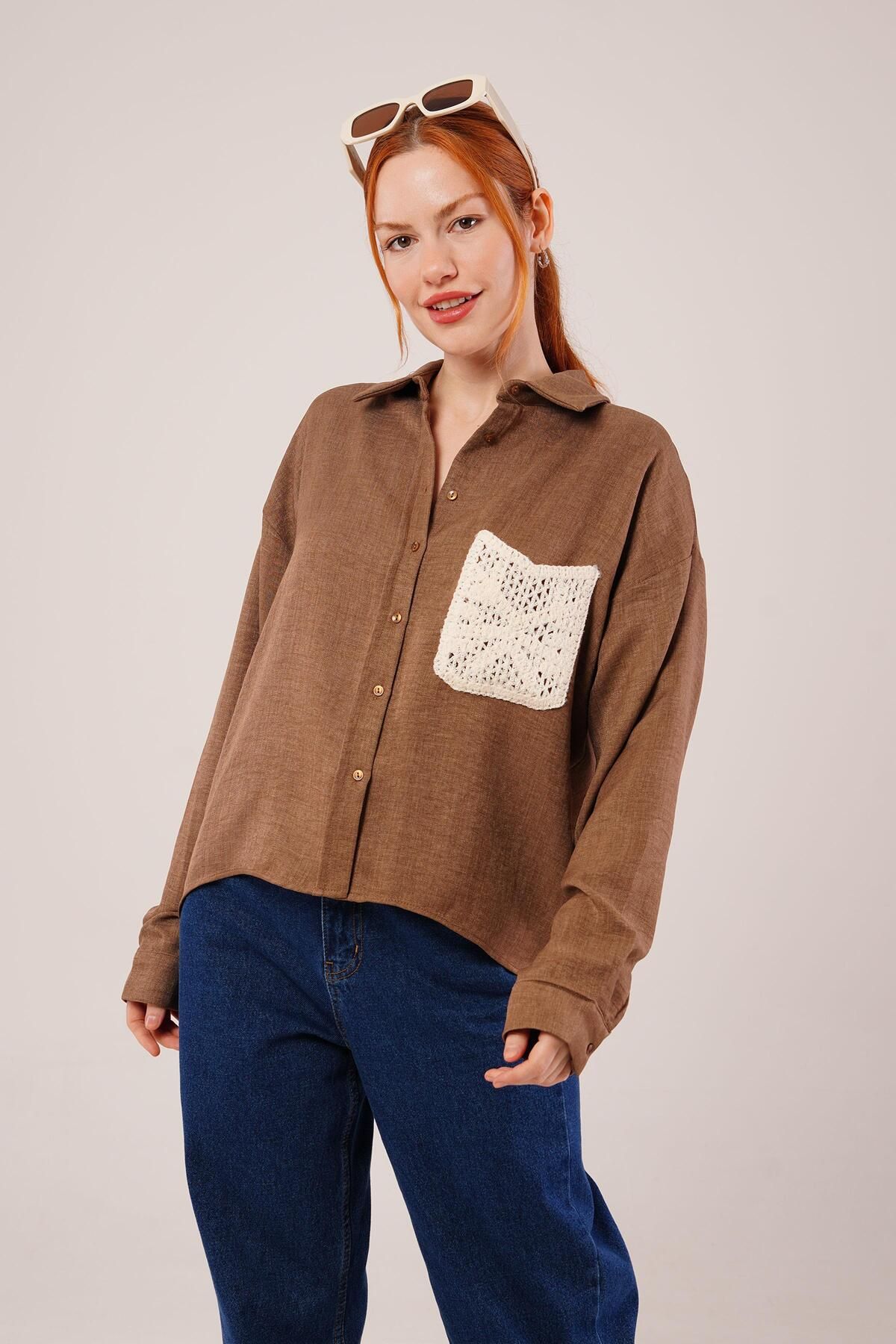 ARUZ MODA Etnik Cep Detaylı Kahverengi Gömlek