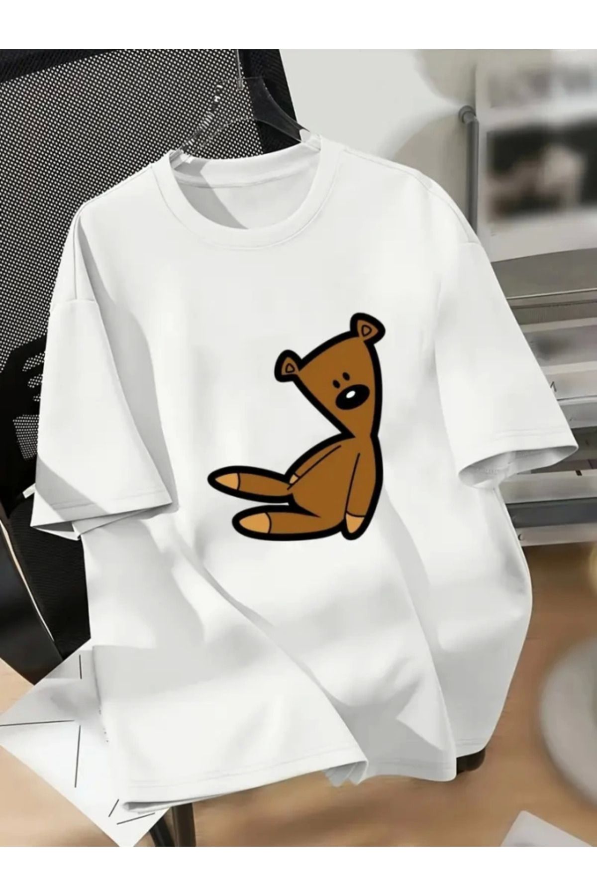 anizmir Baskılı Oversize Bisiklet Yaka T-shirt - Beyaz