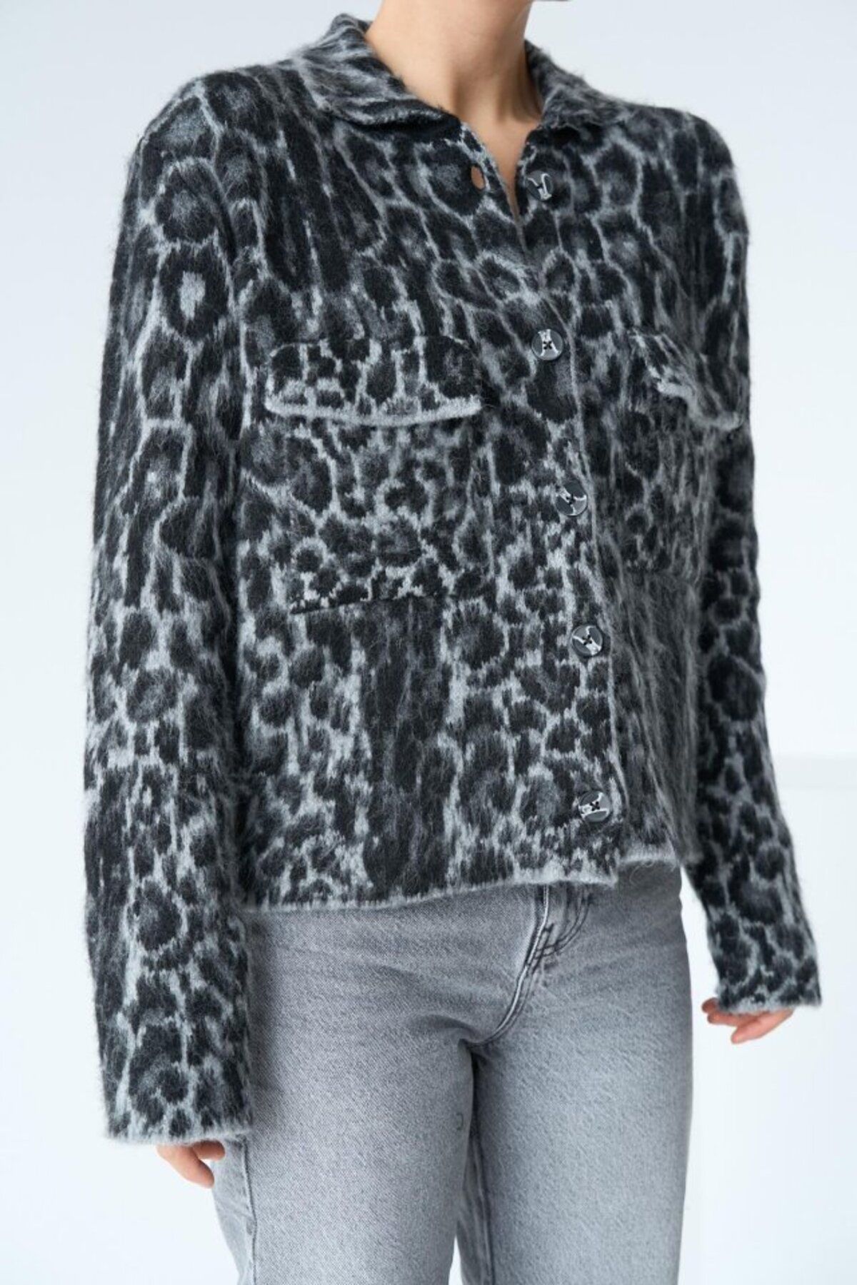 ARUZ MODA Leopar Desen Jakarlı Hırka - Siyah-Açık Gri