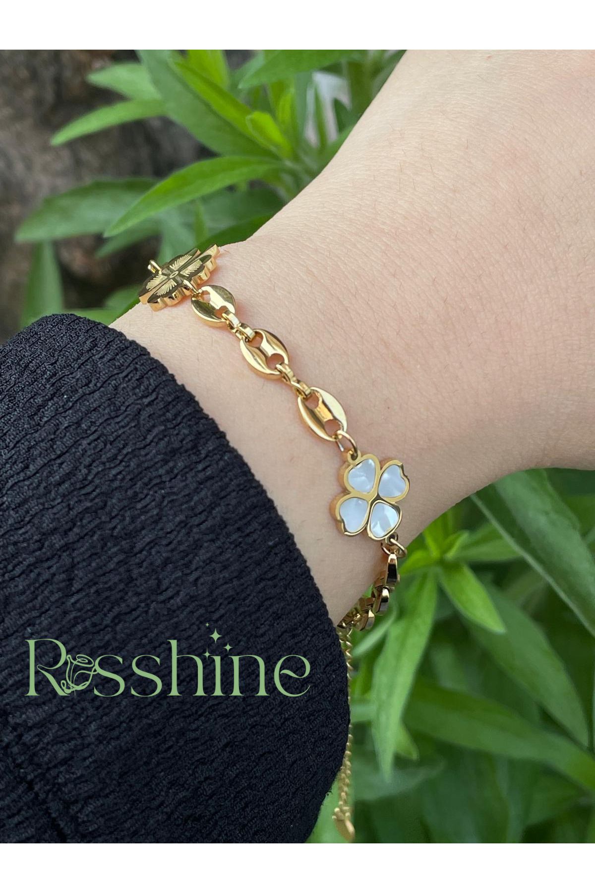 rosshine Gold Beyaz Yoncalı Çelik Kadın Bileklik