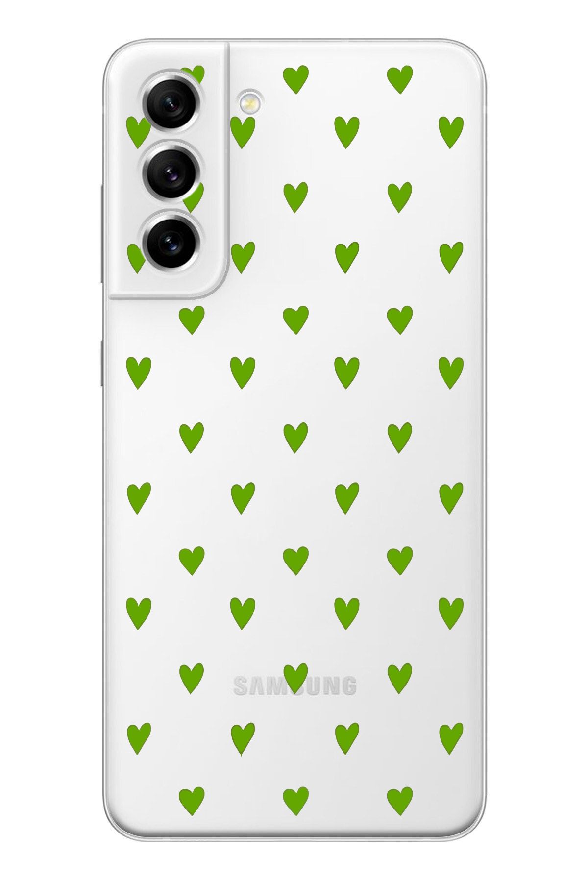 moonset Samsung Galaxy S21 Uyumlu Yeşil Kalpler Tasarımlı Baskılı Şeffaf Telefon Kılıfı