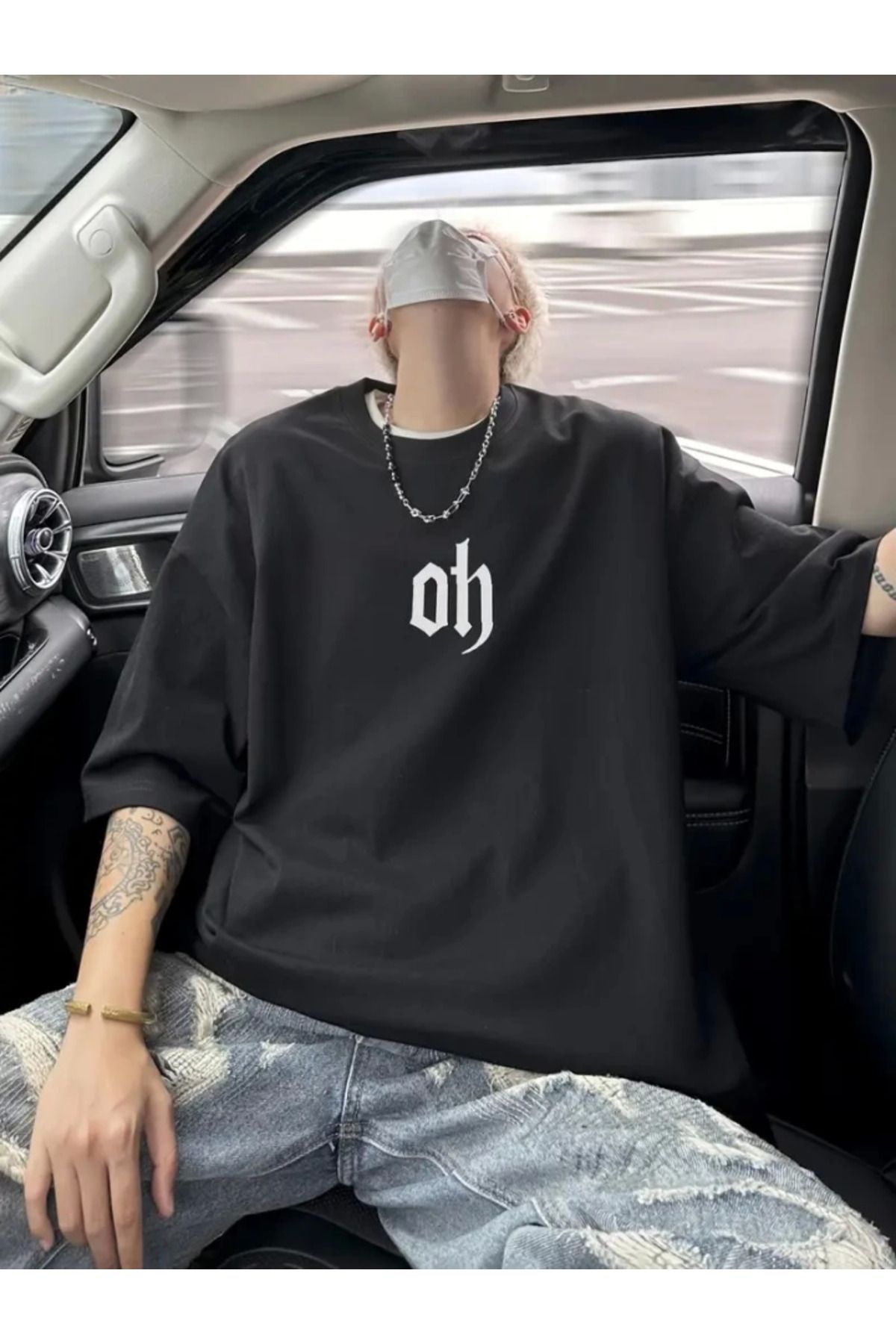 anizmir Baskılı Oversize Bisiklet Yaka T-shirt - Siyah