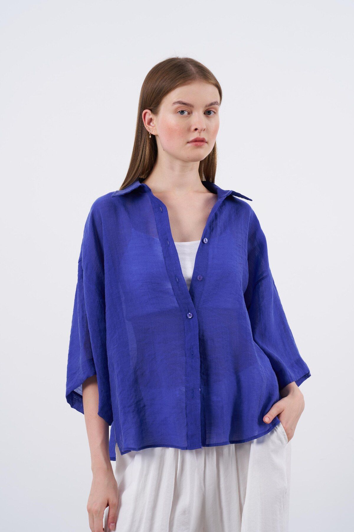 shieba outlet Premium Oversize tulle Kumaş Kısa Kol Gömlek