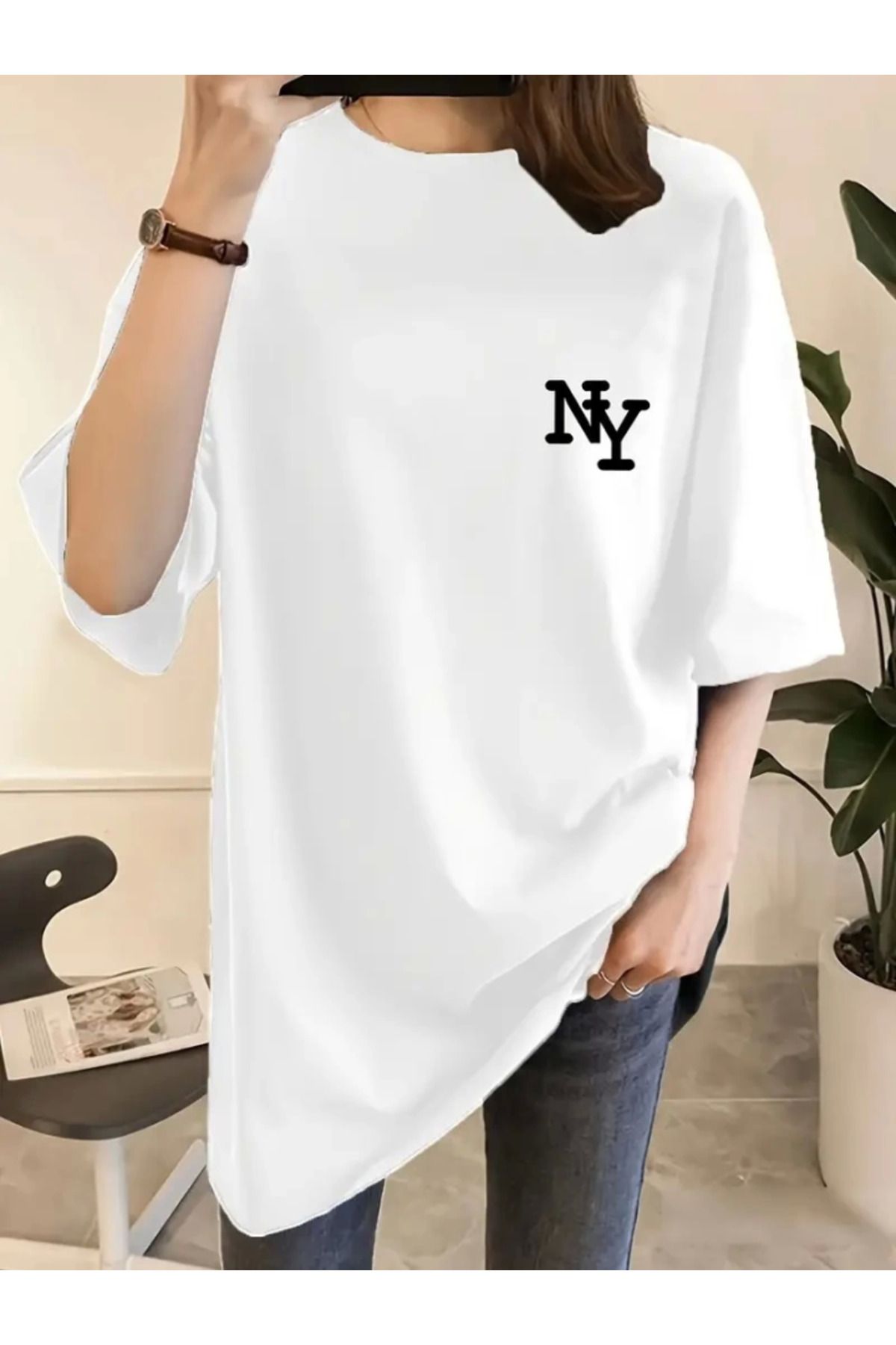 anizmir Baskılı Oversize Bisiklet Yaka T-shirt - Beyaz