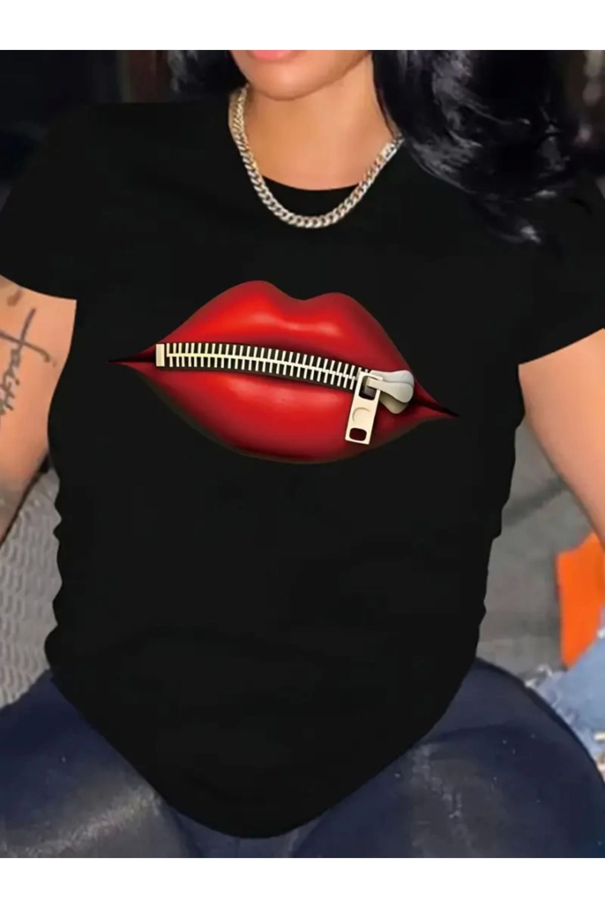 anizmir Baskılı Oversize Bisiklet Yaka T-shirt - Siyah