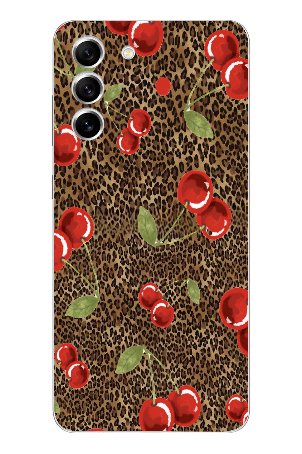 moonset Samsung Galaxy S21 Uyumlu Leopar ve Kiraz Tasarımlı Baskılı Şeffaf Telefon Kılıfı