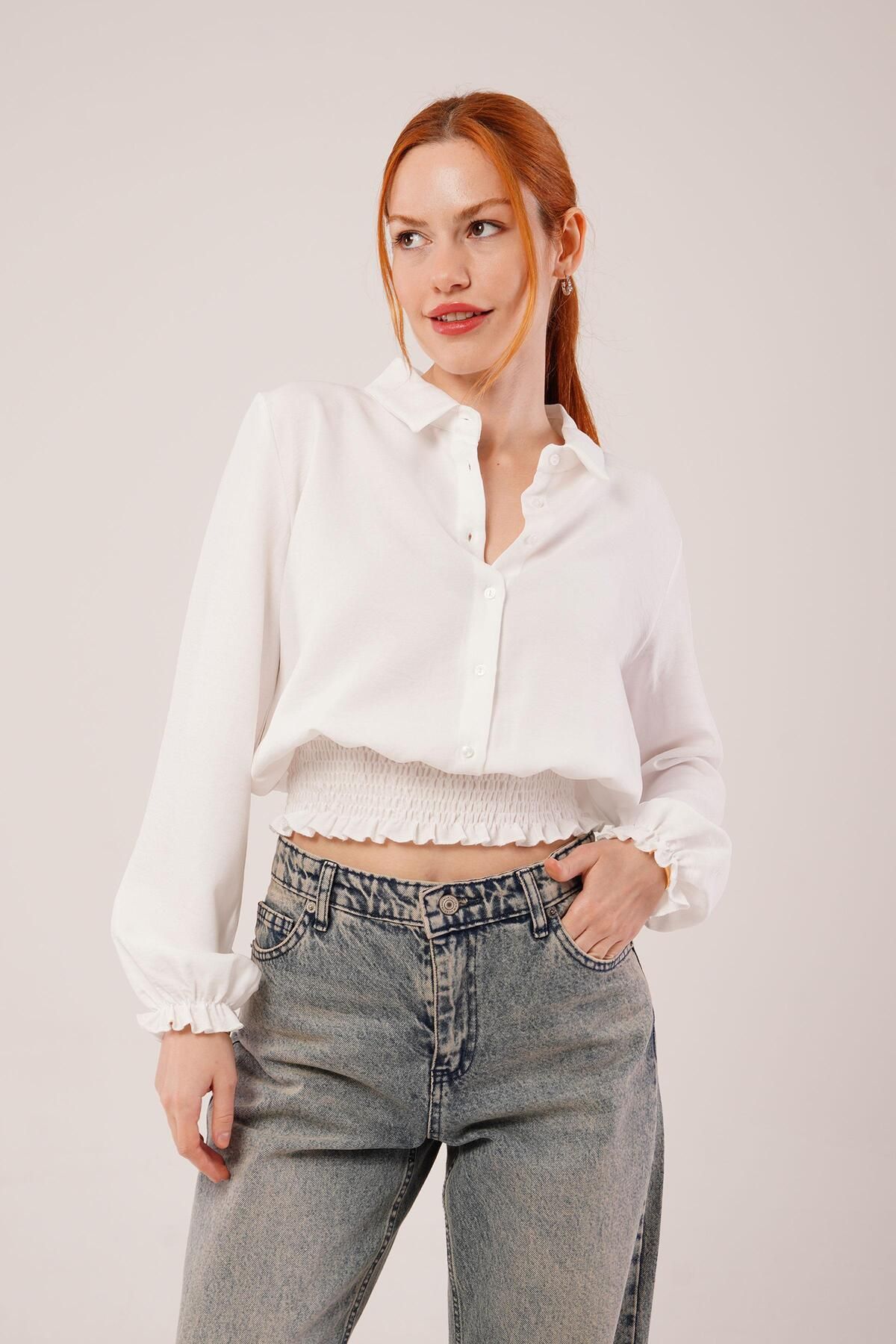 ARUZ MODA Bel Ve Bilek Lastikli Beyaz Bluz