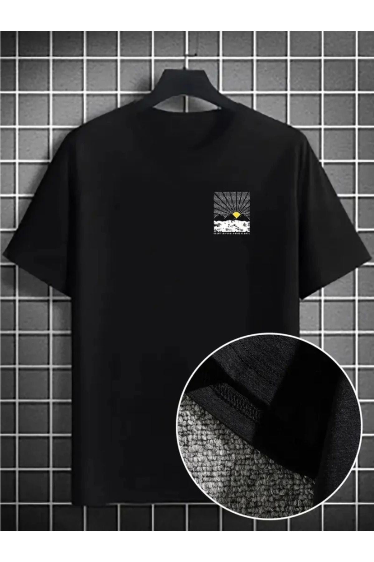 anizmir Erkek Dağ Grafikli Tişört, Yaz Için Büyük Beden Rahat T-shirt - Siyah