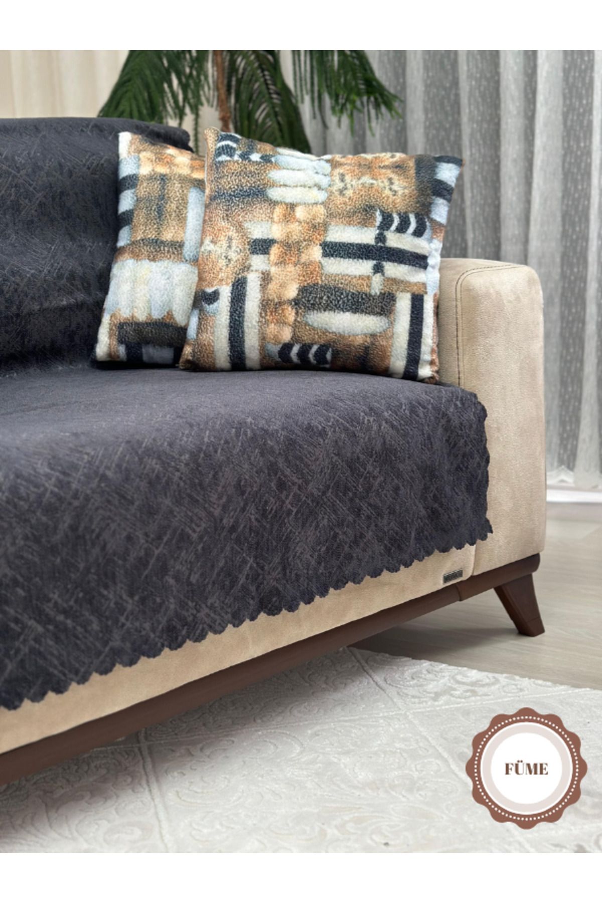 PAWN MARK COMPANY Jakarlı Şönil Kaymaz Koltuk Örtüsü ve Çekyat Örtüsü 175x215 cm | Mikrofiber Koltuk Şalı füme rengi