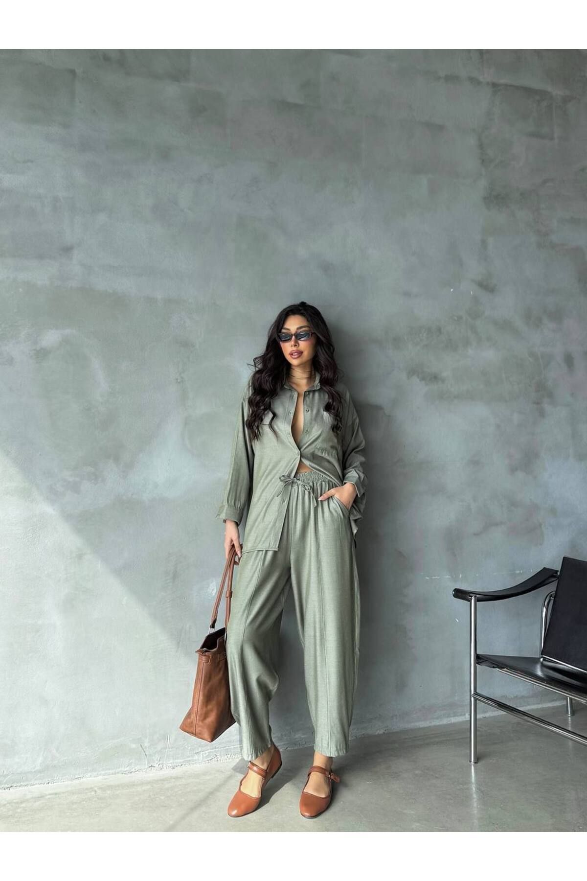 Castivo Fashion Cepli Dökümlü Oversize Gömlekli Beli Lastikli Takım