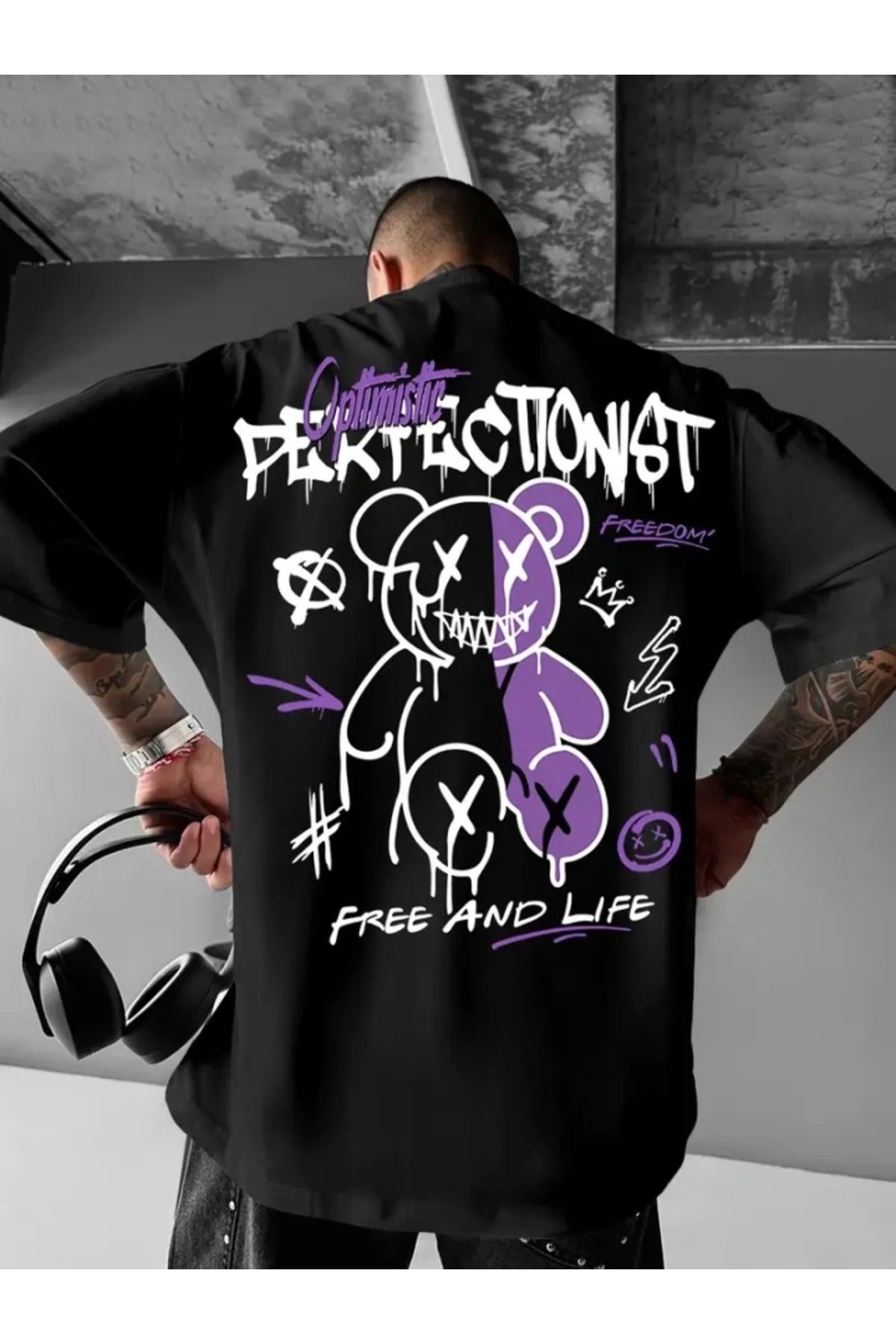 anizmir Baskılı Oversize Bisiklet Yaka T-shirt - Siyah