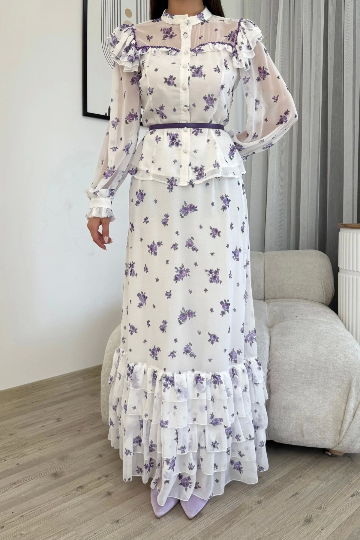 lodmela-Floral Pattern Blouse and Skirt Double Suit 4707-White/Purple 5