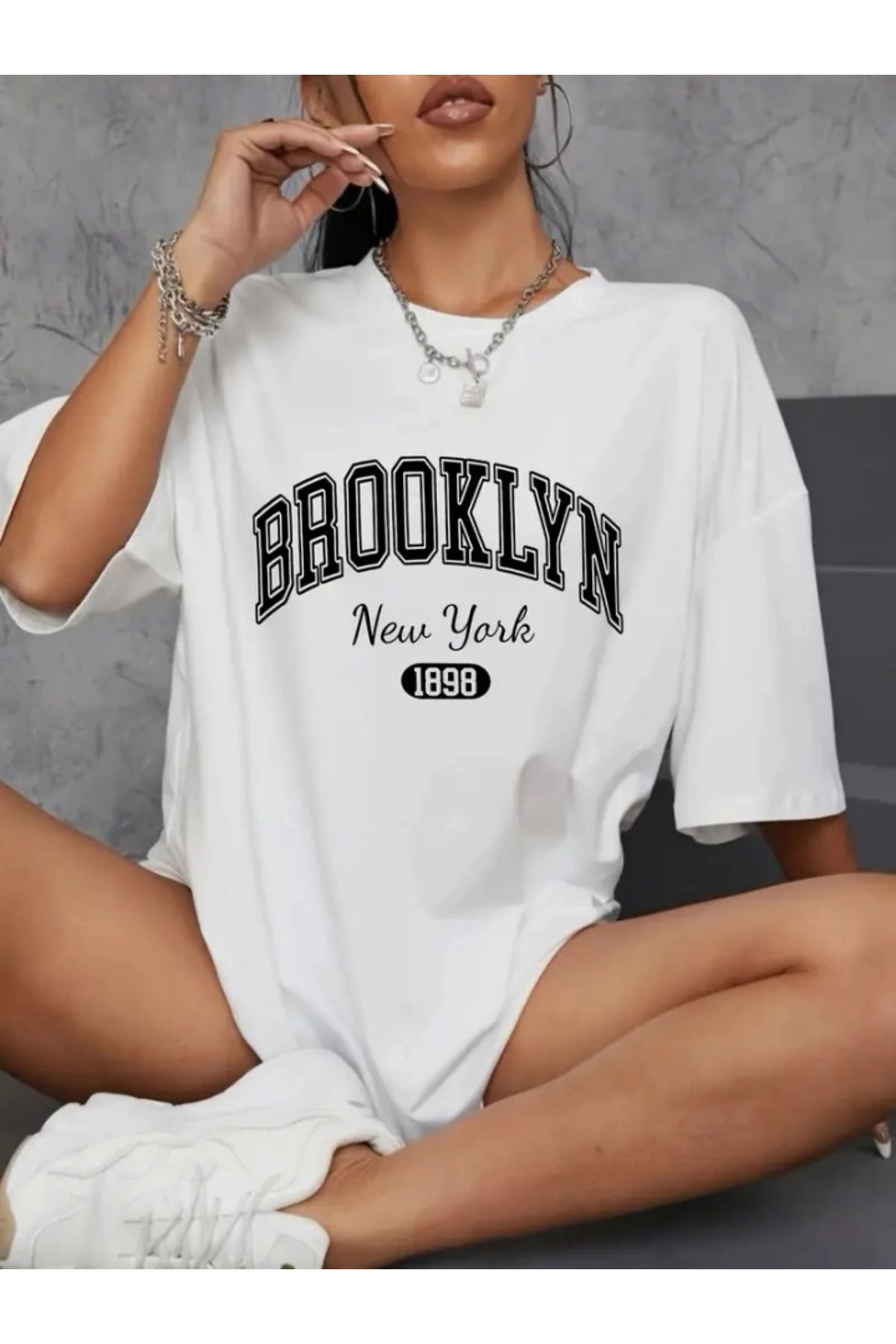 anizmir Baskılı Oversize Bisiklet Yaka T-shirt - Beyaz
