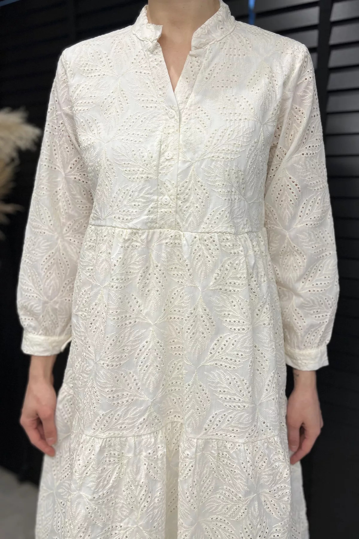 GÜLSELİ-Stone Half Buttoned Laced Women's Dress 4