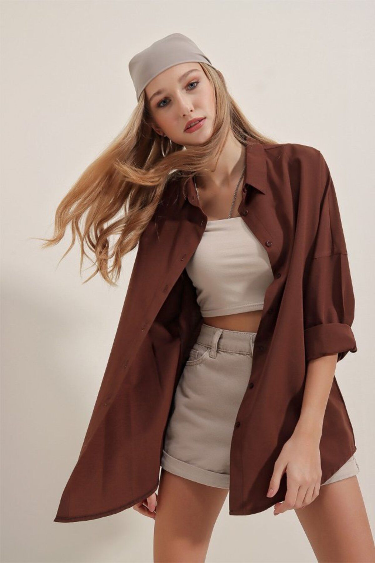 ARUZ MODA 3900 Oversize Uzun Basic Gömlek - Kahverengi