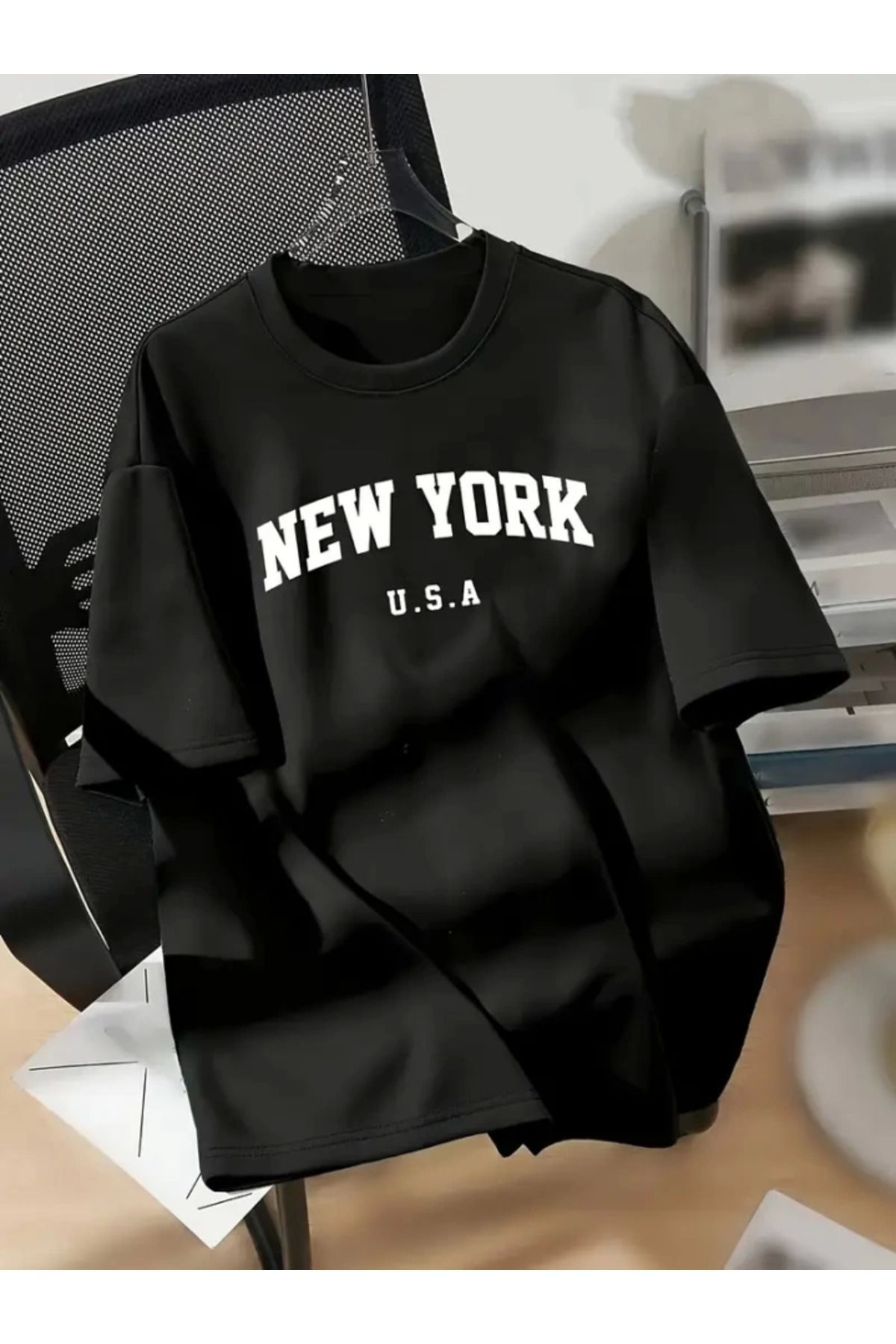 anizmir New York Baskılı Oversize Bisiklet Yaka T-shirt - Siyah