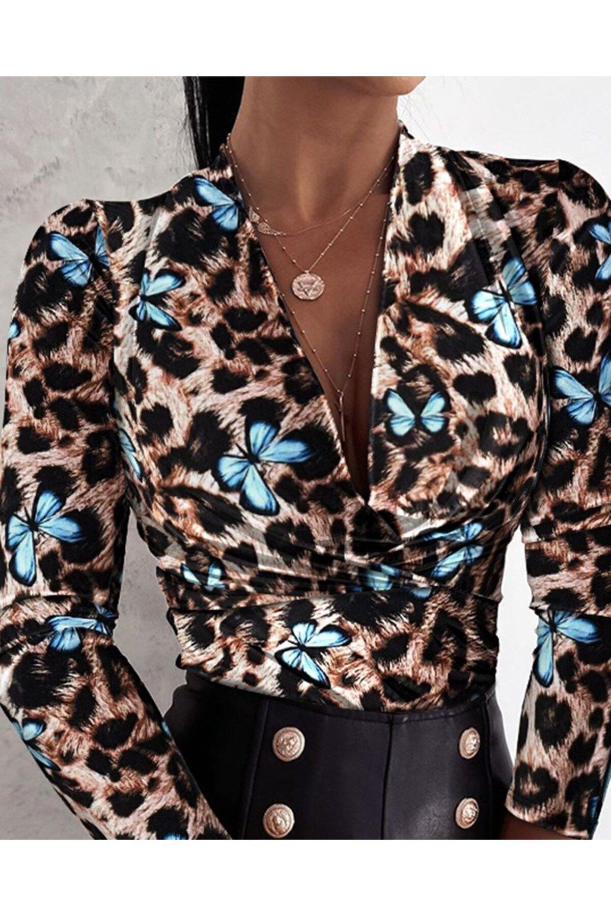 ARUZ MODA Kadın Uzun Kollu Kruvaze Yakalı Kelebek Desenli şardonlu Dalgıç Bluz