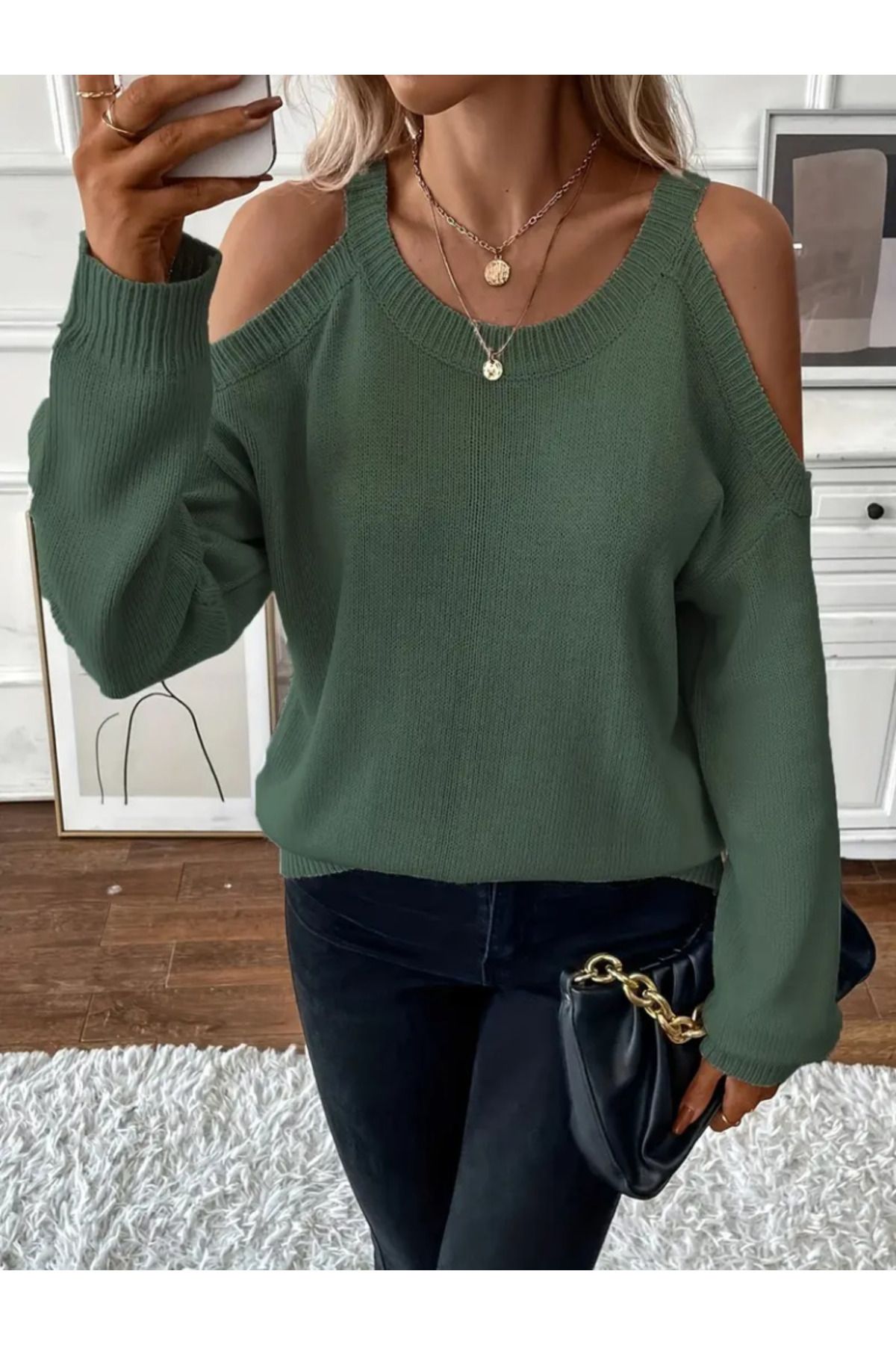 ARUZ MODA Kadın Uzun Kollu Omuzlardan Açık Askılı Yuvarlak Yaka Triko Bluz