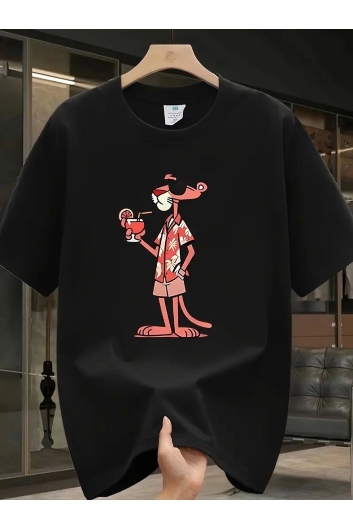 anizmir Baskılı Oversize Bisiklet Yaka T-shirt - Siyah