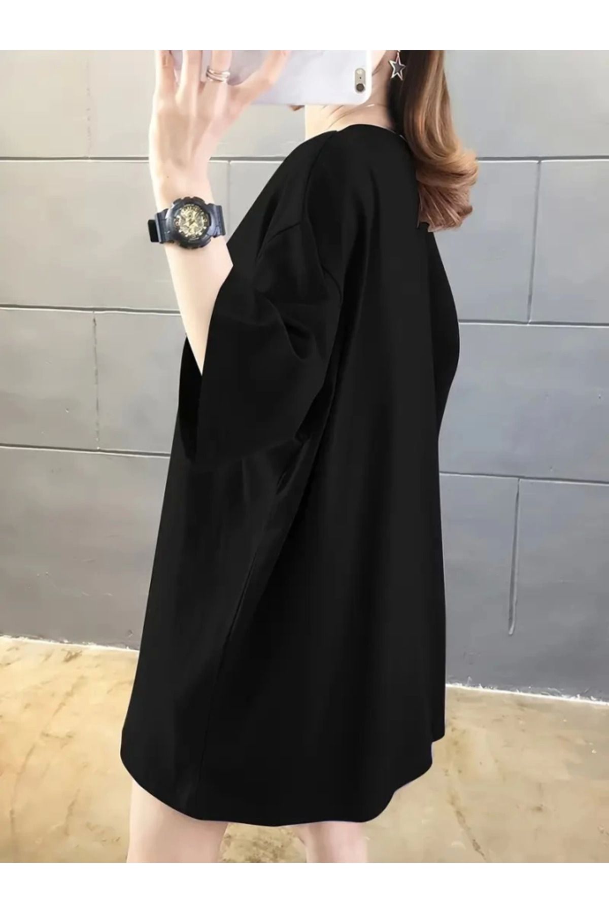 anizmir Baskılı Oversize Bisiklet Yaka T-shirt - Siyah