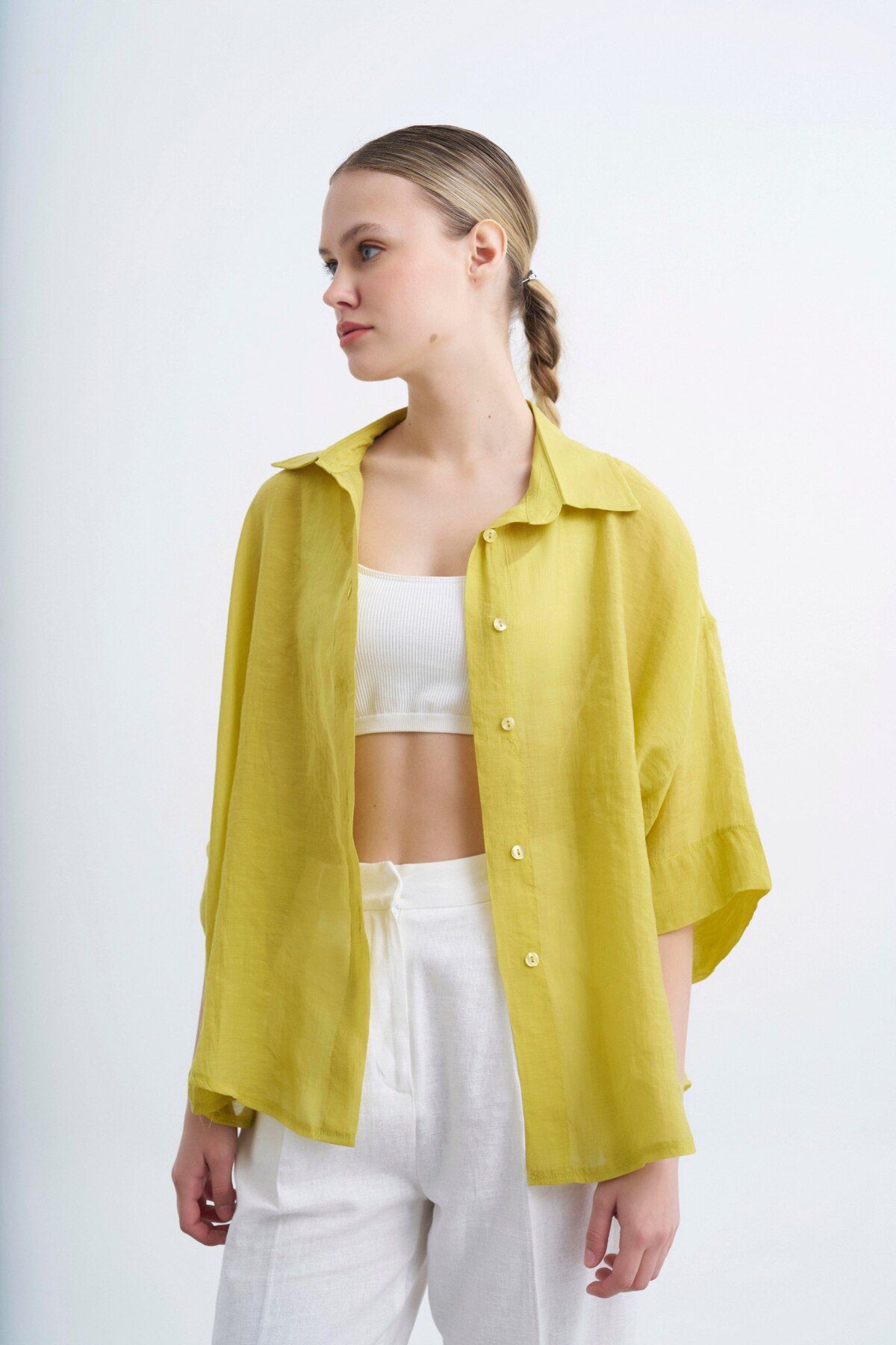 shieba outlet Premium Oversize tulle Kumaş Kısa Kol Gömlek