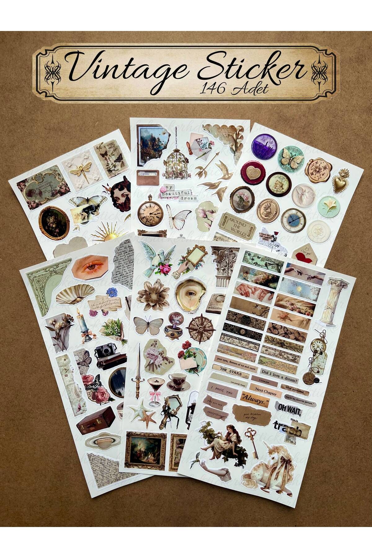 hdsticker 146 Adet Vintage Temalı Sticker Seti Planner Ajanda Art Laptop Tablet Telefon Bullet Journal Etiket