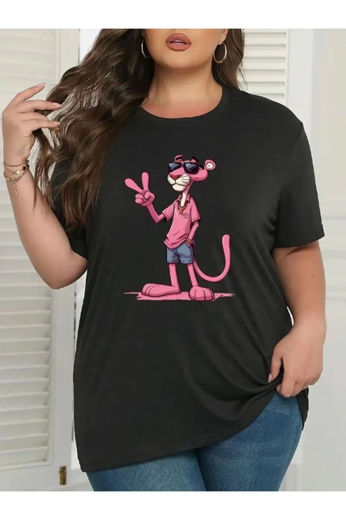 anizmir Pembe Panter Baskılı Oversize Bisiklet Yaka T-shirt - Beyaz