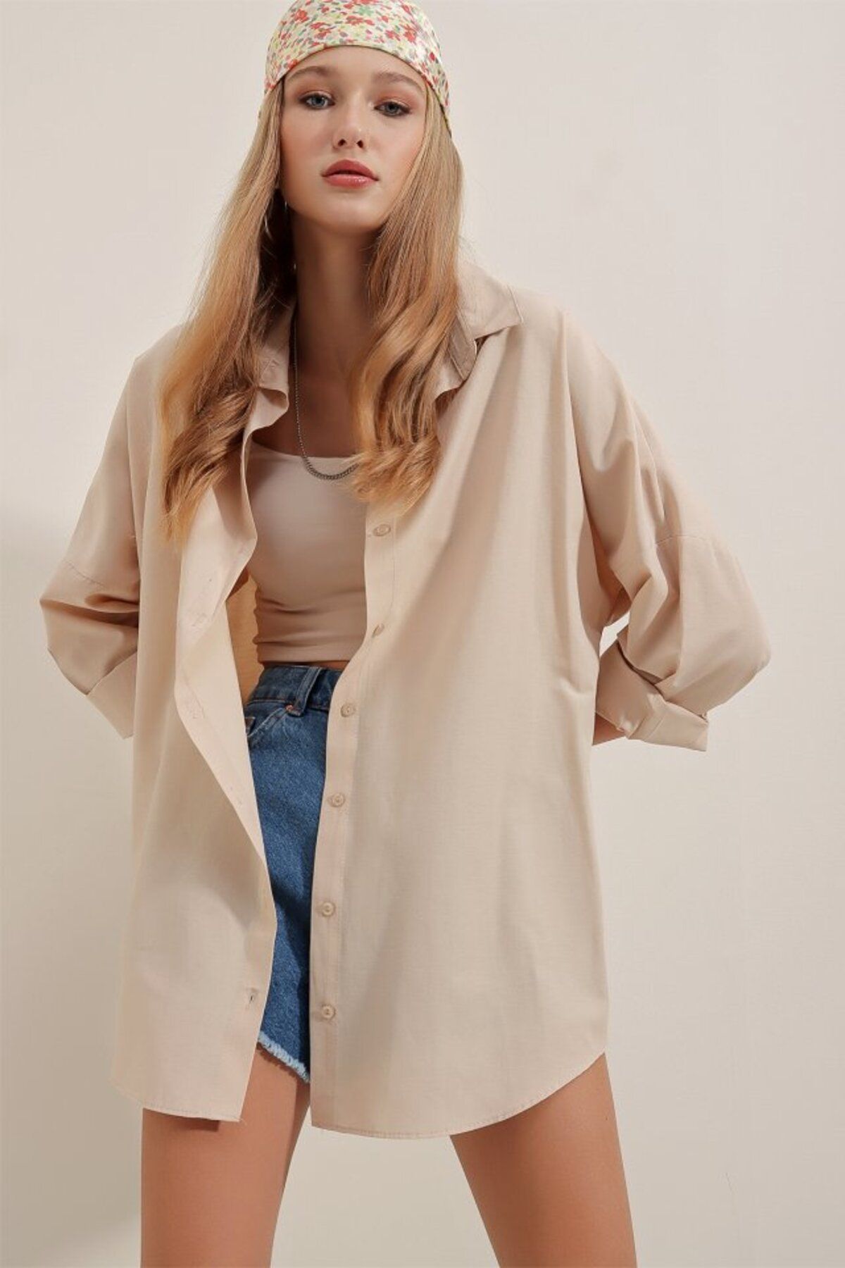 ARUZ MODA 3900 Oversize Uzun Basic Gömlek - Krem