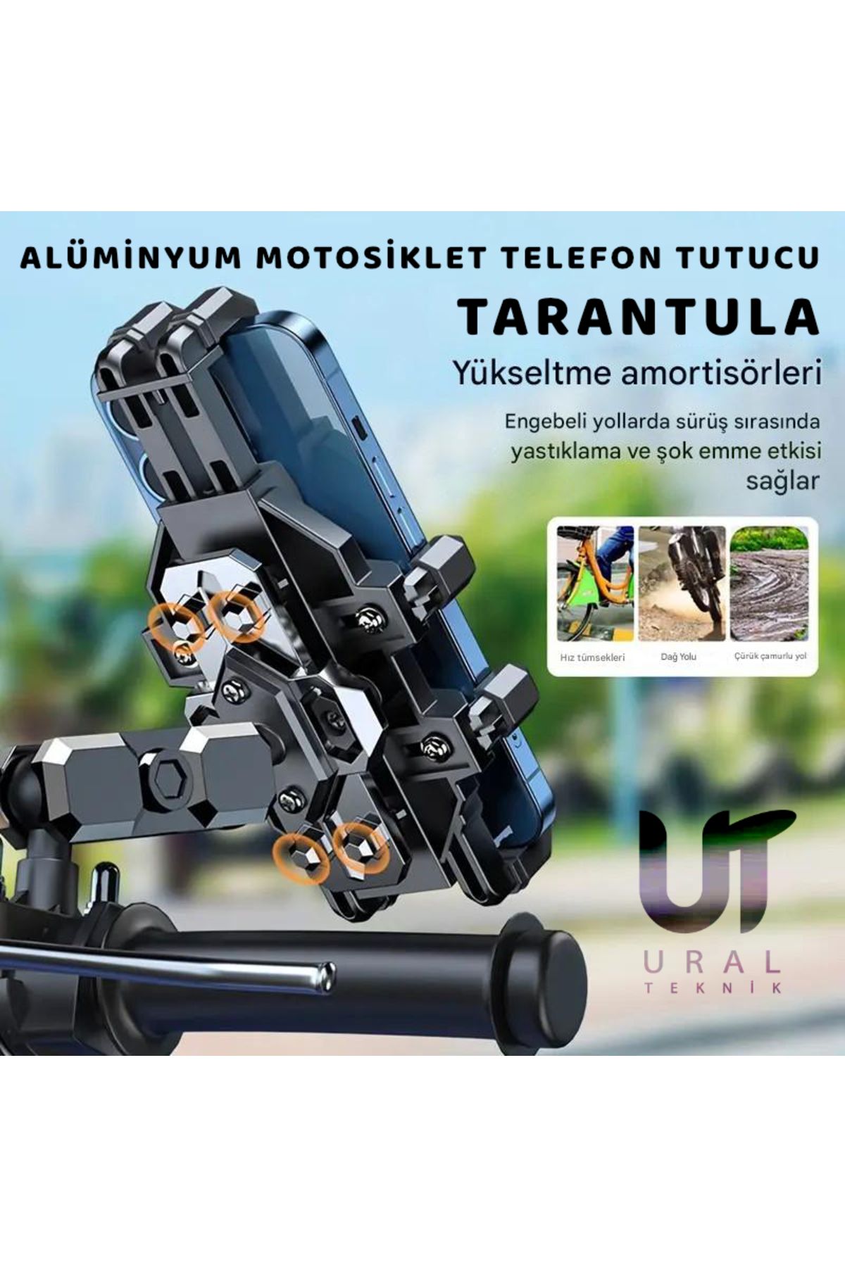 UralTeknik Tarantula Titreşim Sönümleyici Sağlam Motosiklet Bisiklet Scooter Cep Telefon Tutucu