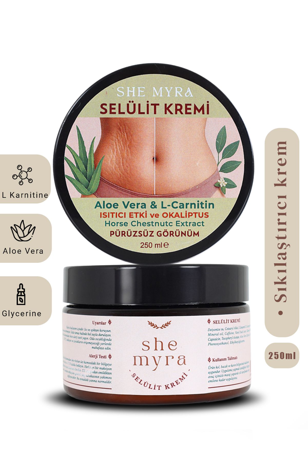 SHE MYRA Çatlak Giderici Selülit Kremi 250 ml (L Karnitin Ve Aloe Vera İçerikli) VİP