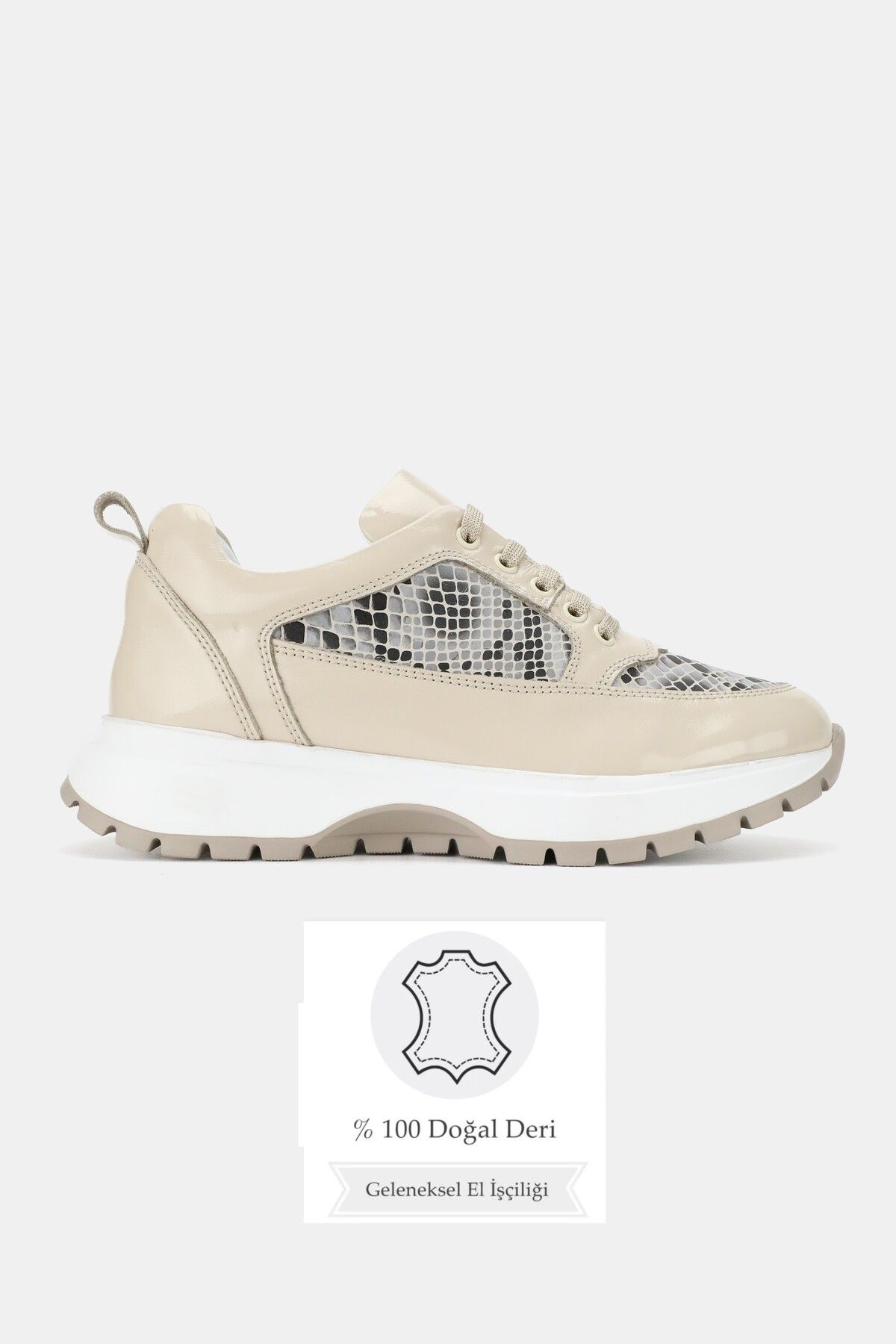 TUNAELLİ KADIN BEJ RUGAN HAKİKİ DOĞAL DERİ BAĞCIKLI SNEAKER CASUAL AYAKKABI