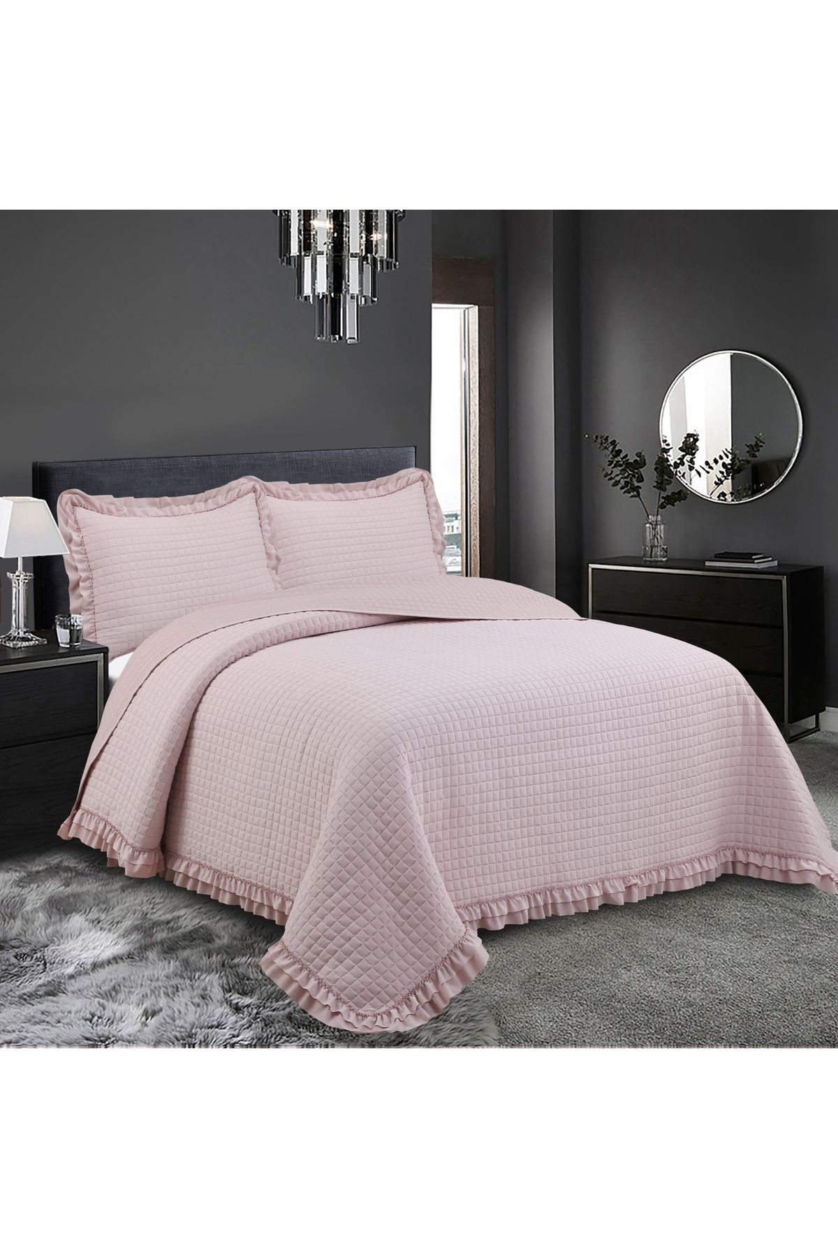 Sivalde Square Washed Fırfırlı Çift Kişilik Pudra Yatak Örtüsü Takımı