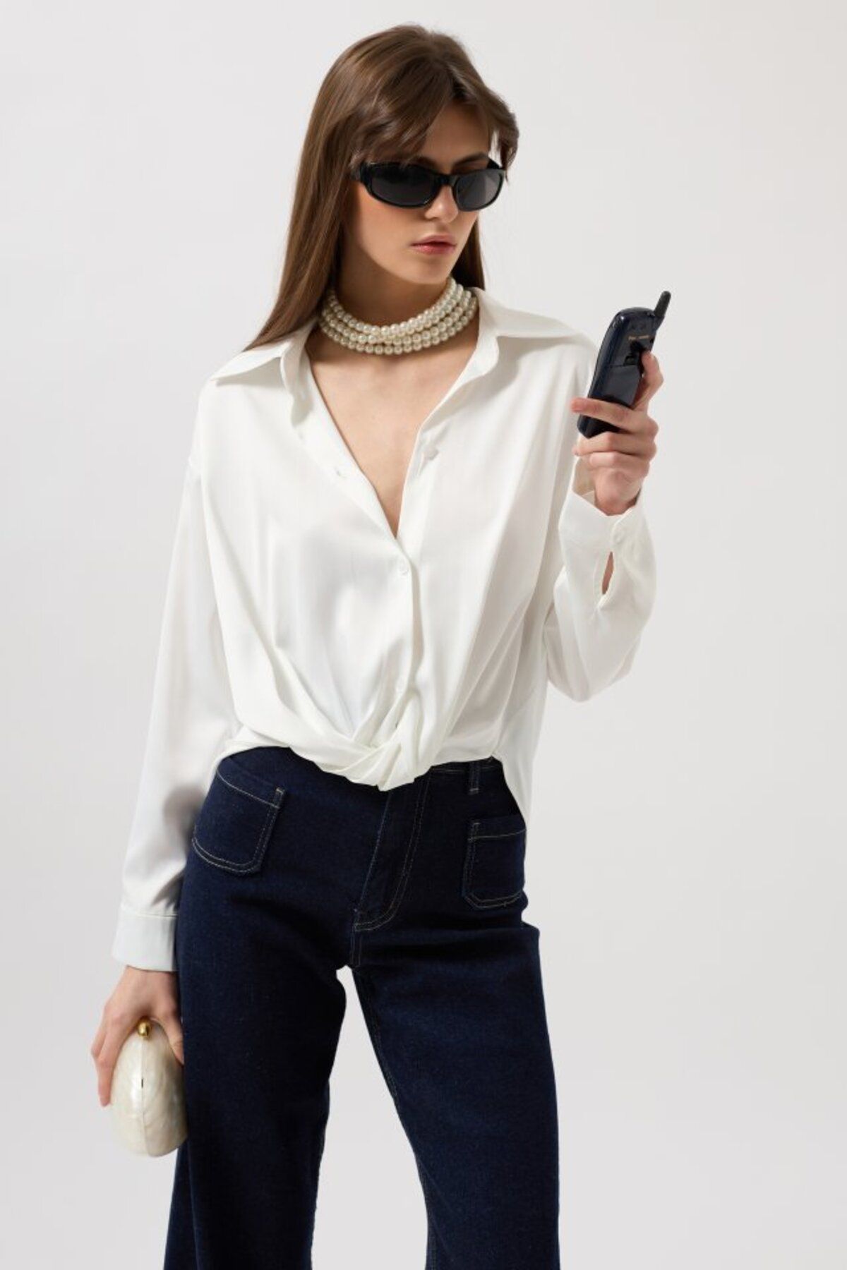 ARUZ MODA Bel Büzgülü Crop Saten Gömlek