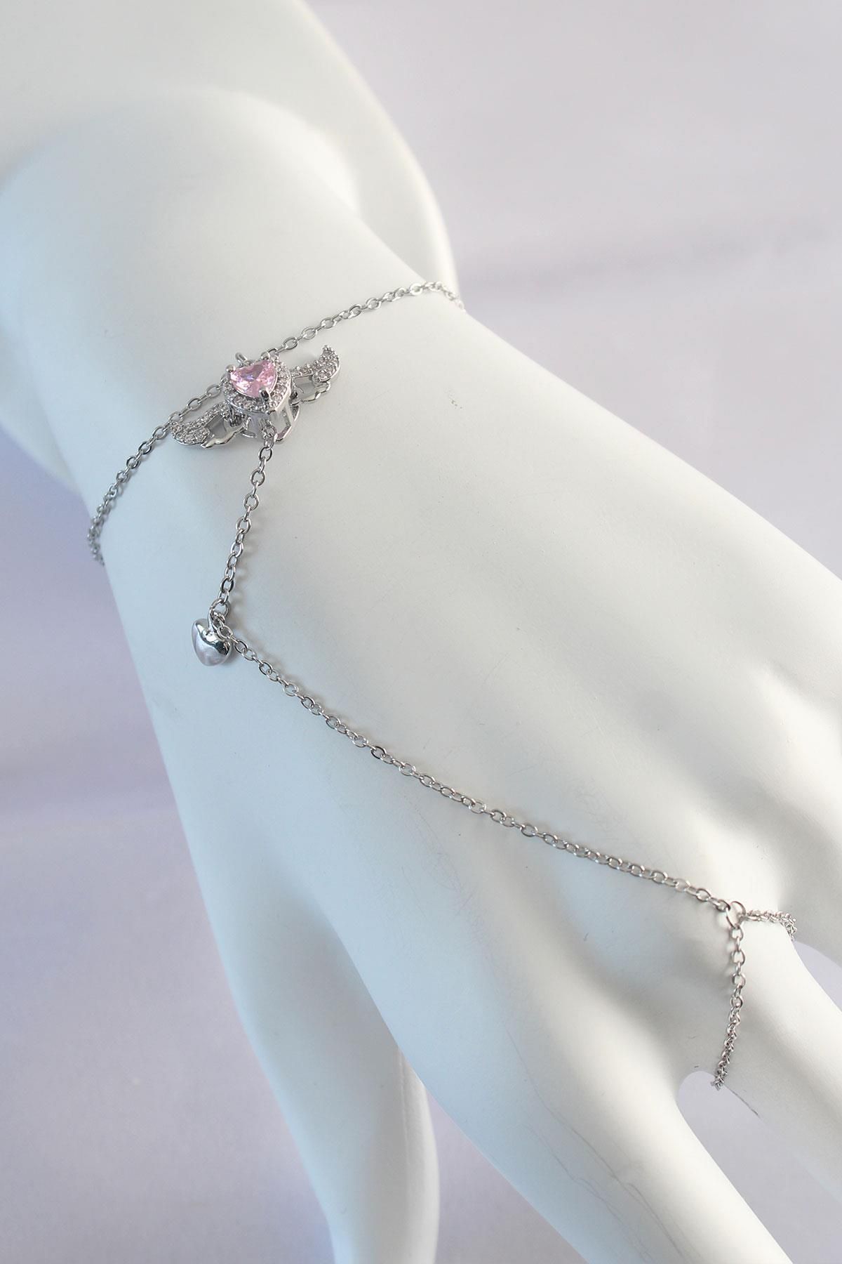 prativas 316L Çelik Gümüş Renk Pembe Zirkon Taşlı Kanatlı Kalp Model Şahmeran