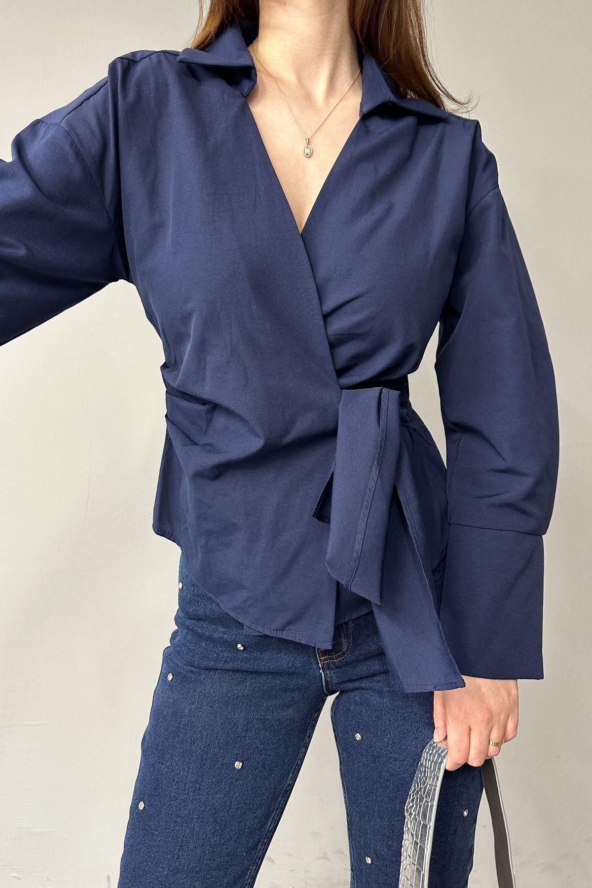 lizge giyim-Crossed Collar Shirt with Front Tie 3