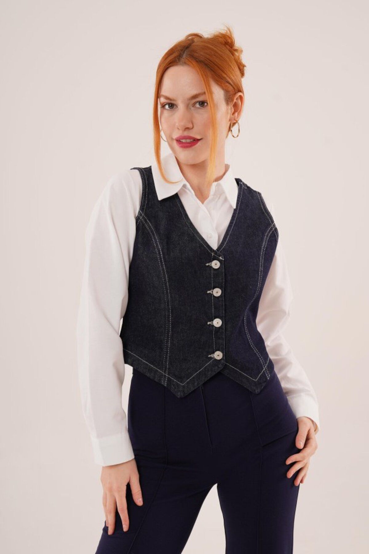 ARUZ MODA Düğme Ve Ön Dikiş Detaylı Lacivert Jean Yelek