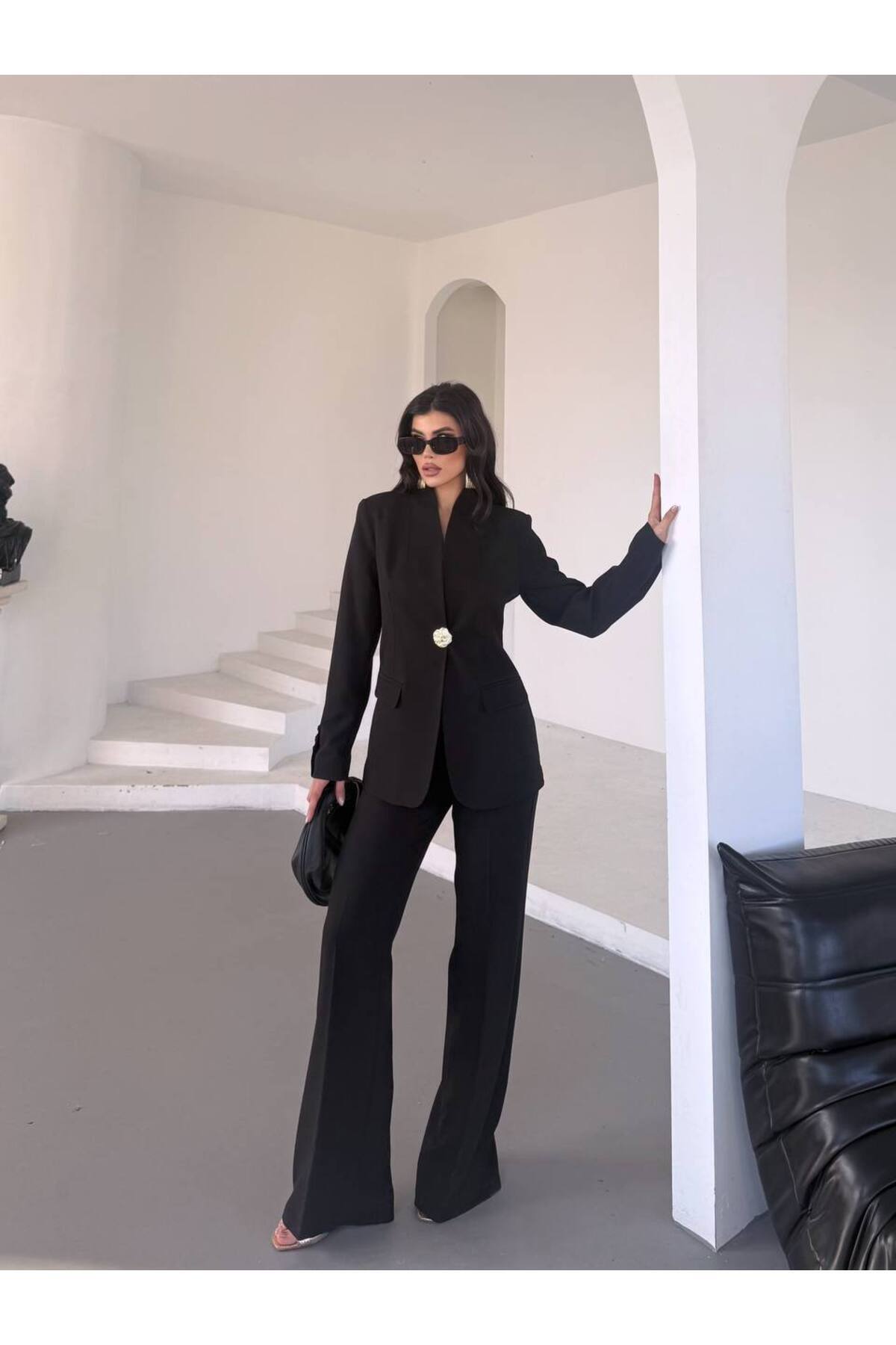 NILOO Kadın Tek Büyük Düğmeli Blazer Ceket Pantalon Takım