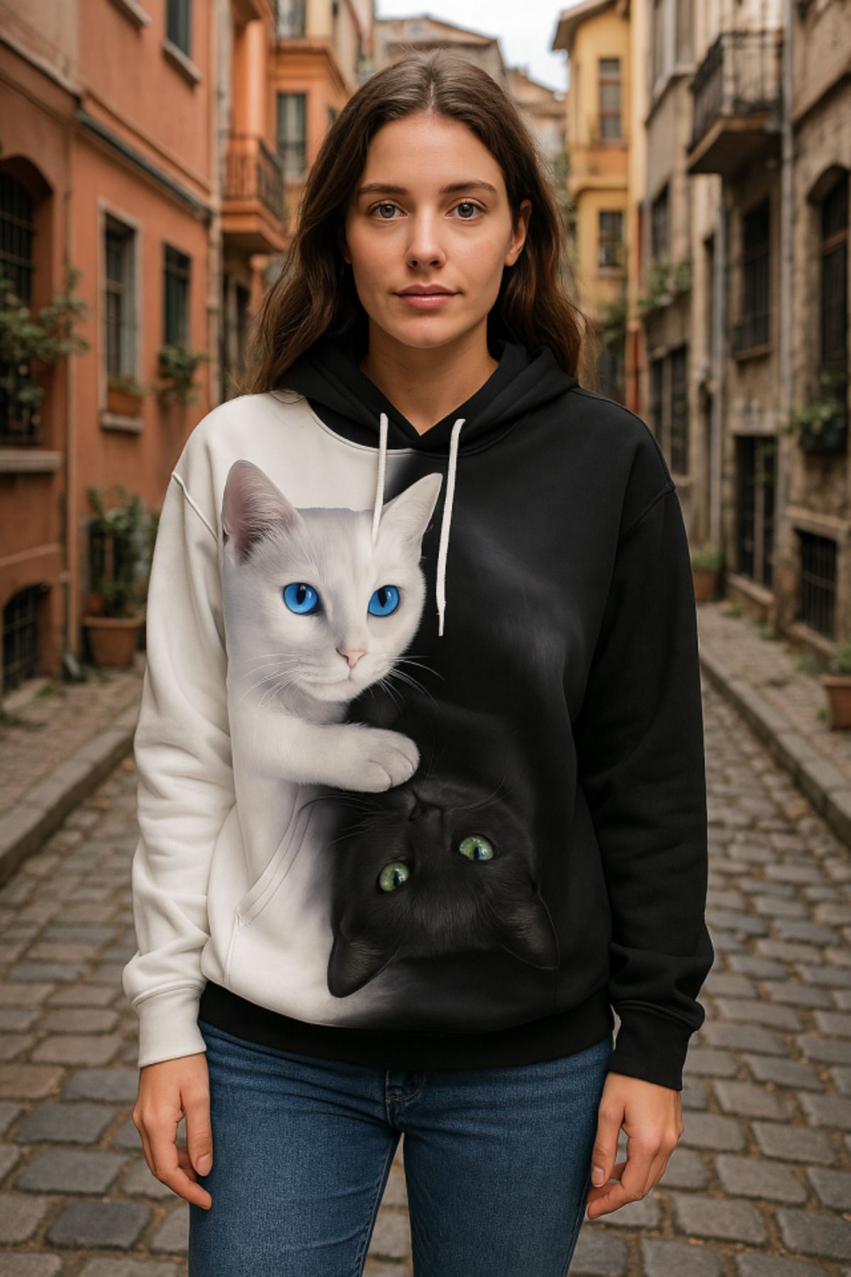ARUZ MODA Kadın Uzun Kollu Kapşonlu Bağcıklı Kedi Desenli şardonlu Dalgıç Bluz