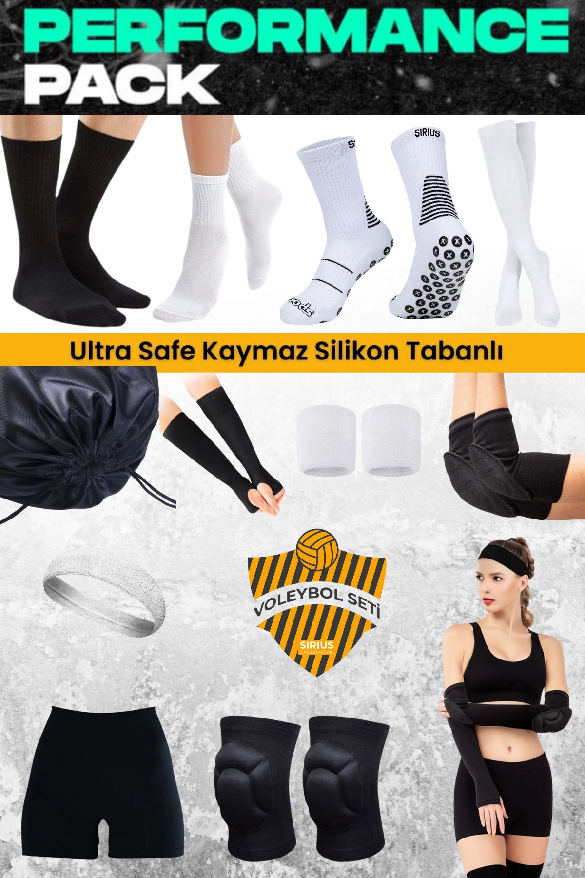 Genel Markalar 19 Parça Voleybol Dizlik&Dirseklik& Ellik&Şort& Kaydırmaz Çorap&Kafa Bandı&El Bileklik &Çanta Seti